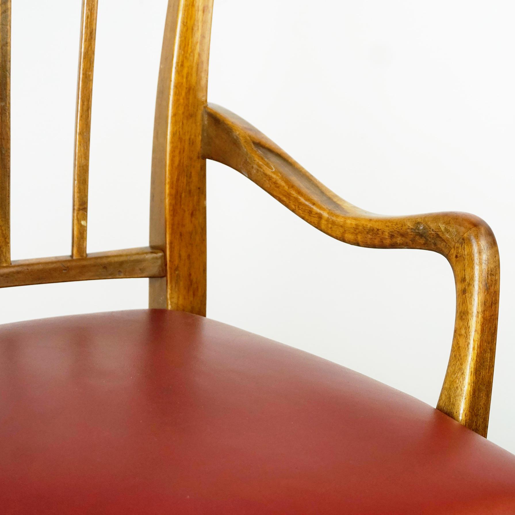 Austrian Midcentury Walnut and red Leather Dining Armchairs by Oswald Haerdtl For Sale 5