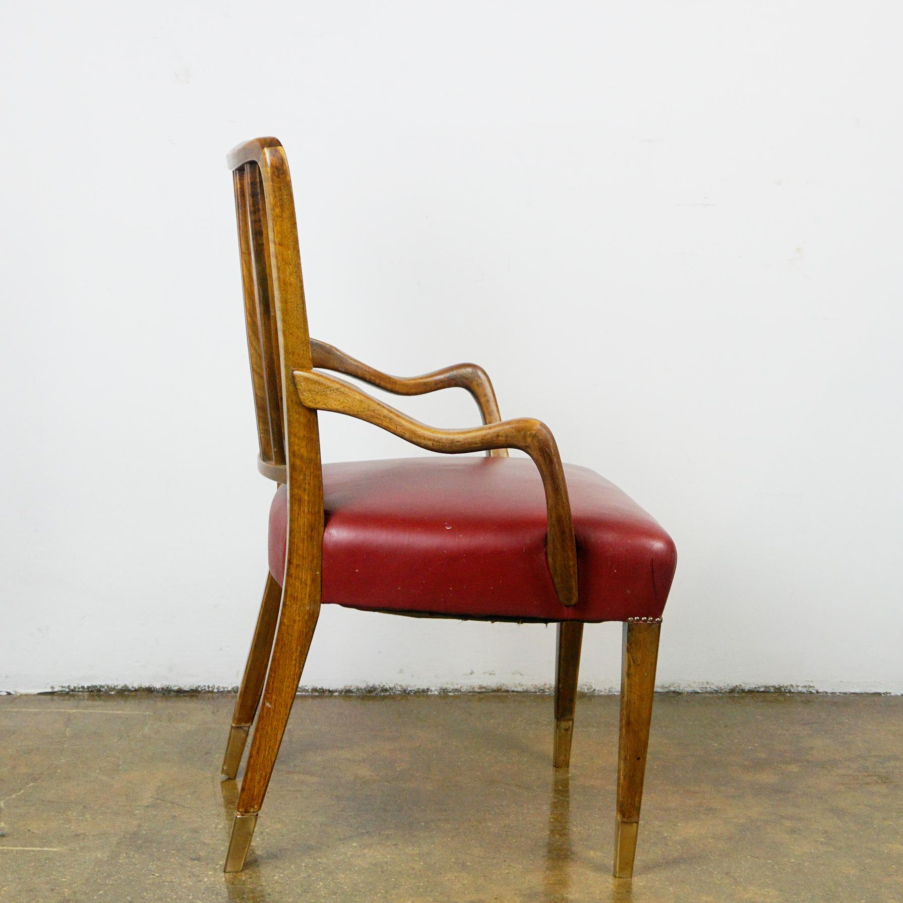 Austrian Midcentury Walnut and red Leather Dining Armchairs by Oswald Haerdtl In Good Condition For Sale In Vienna, AT
