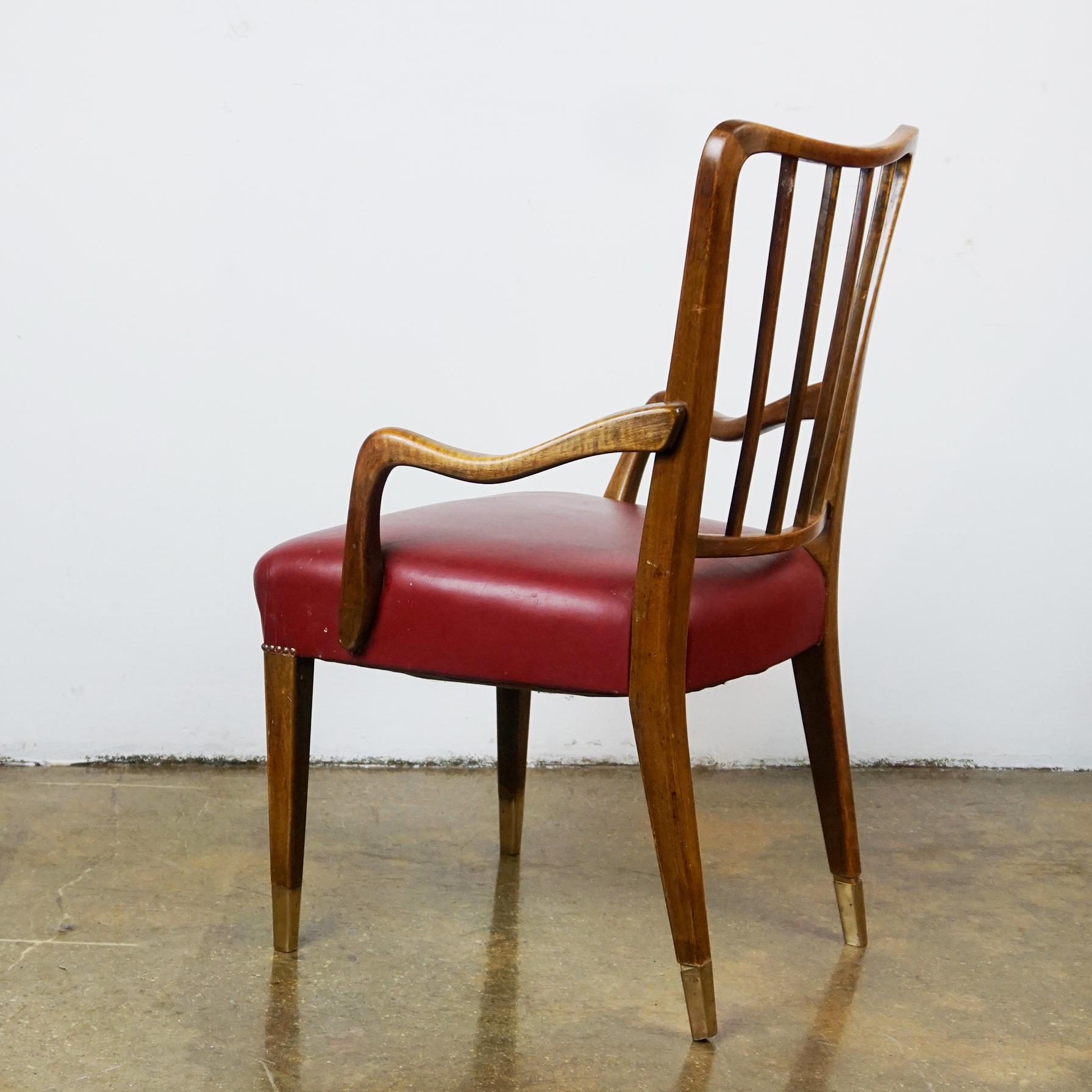 Brass Austrian Midcentury Walnut and red Leather Dining Armchairs by Oswald Haerdtl For Sale