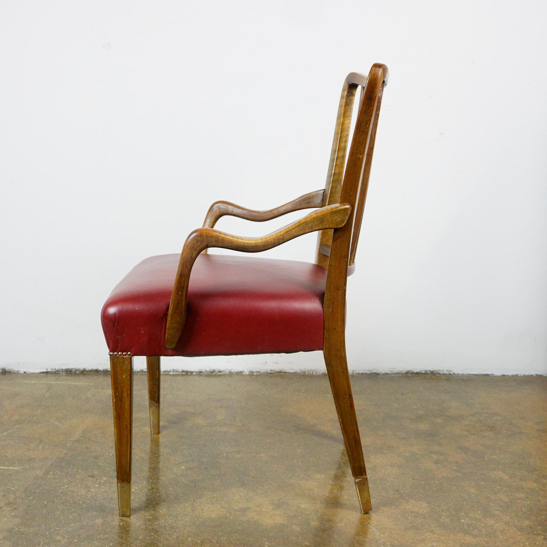 Austrian Midcentury Walnut and red Leather Dining Armchairs by Oswald Haerdtl For Sale 1