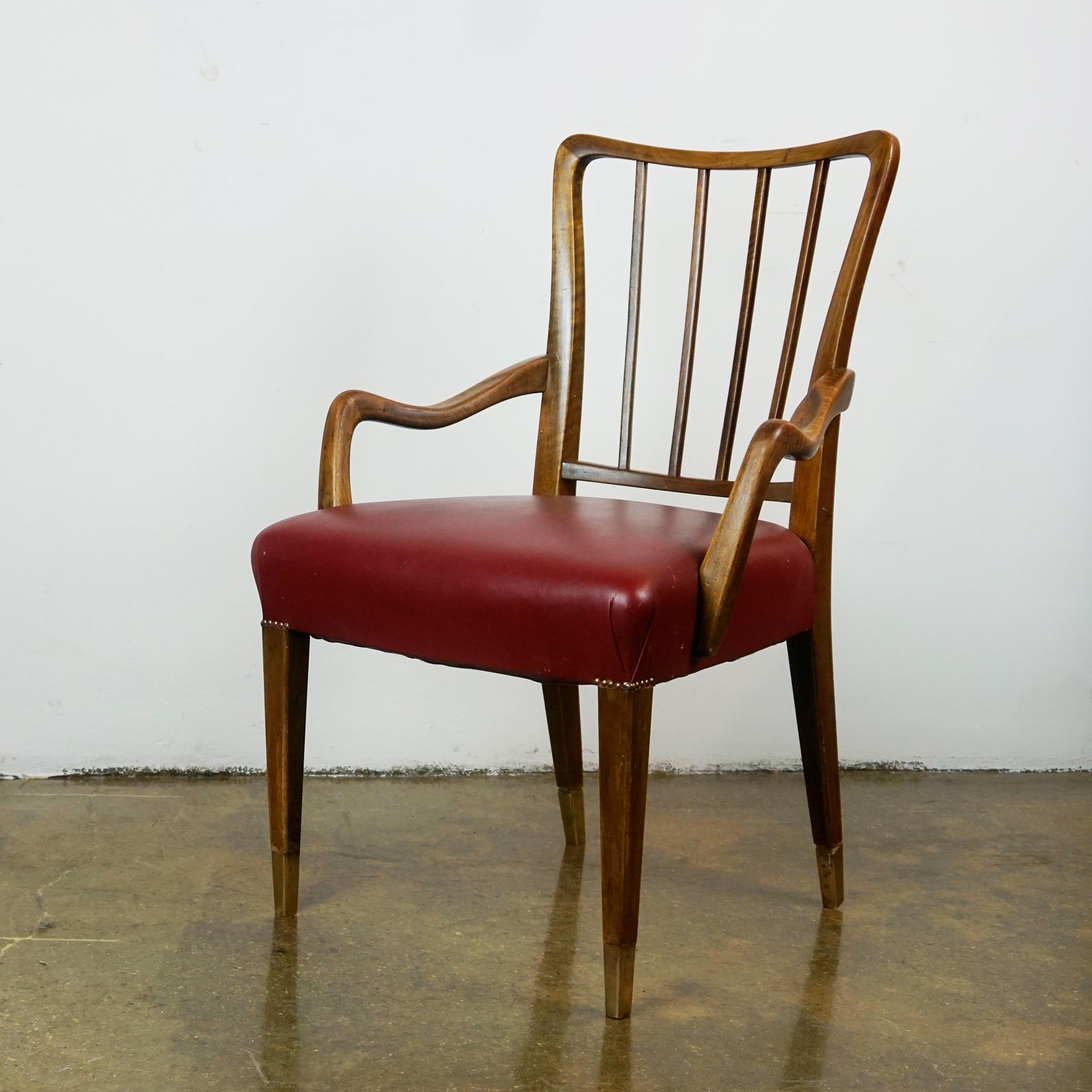 Austrian Midcentury Walnut and red Leather Dining Armchairs by Oswald Haerdtl For Sale 2