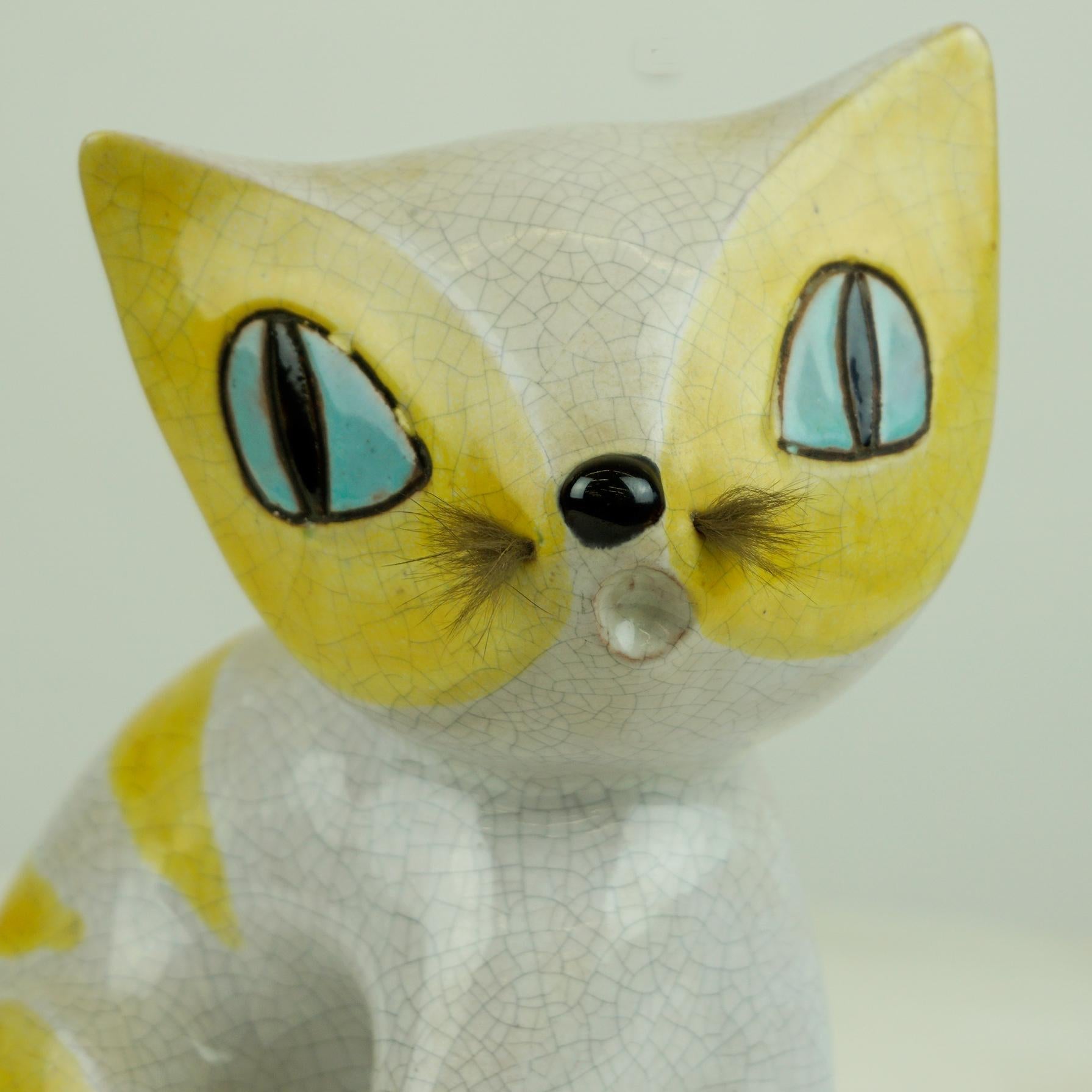 Austrian Midcentury White and Yellow Glazed Ceramic Cat by Leopold Anzengruber 5