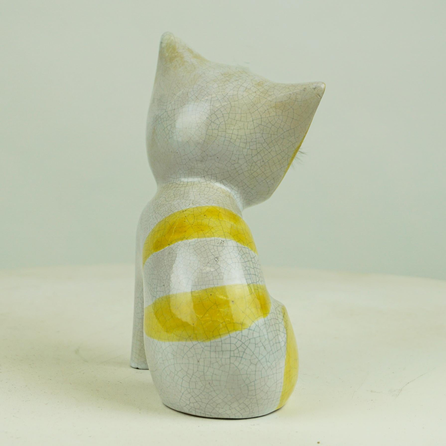 Mid-20th Century Austrian Midcentury White and Yellow Glazed Ceramic Cat by Leopold Anzengruber