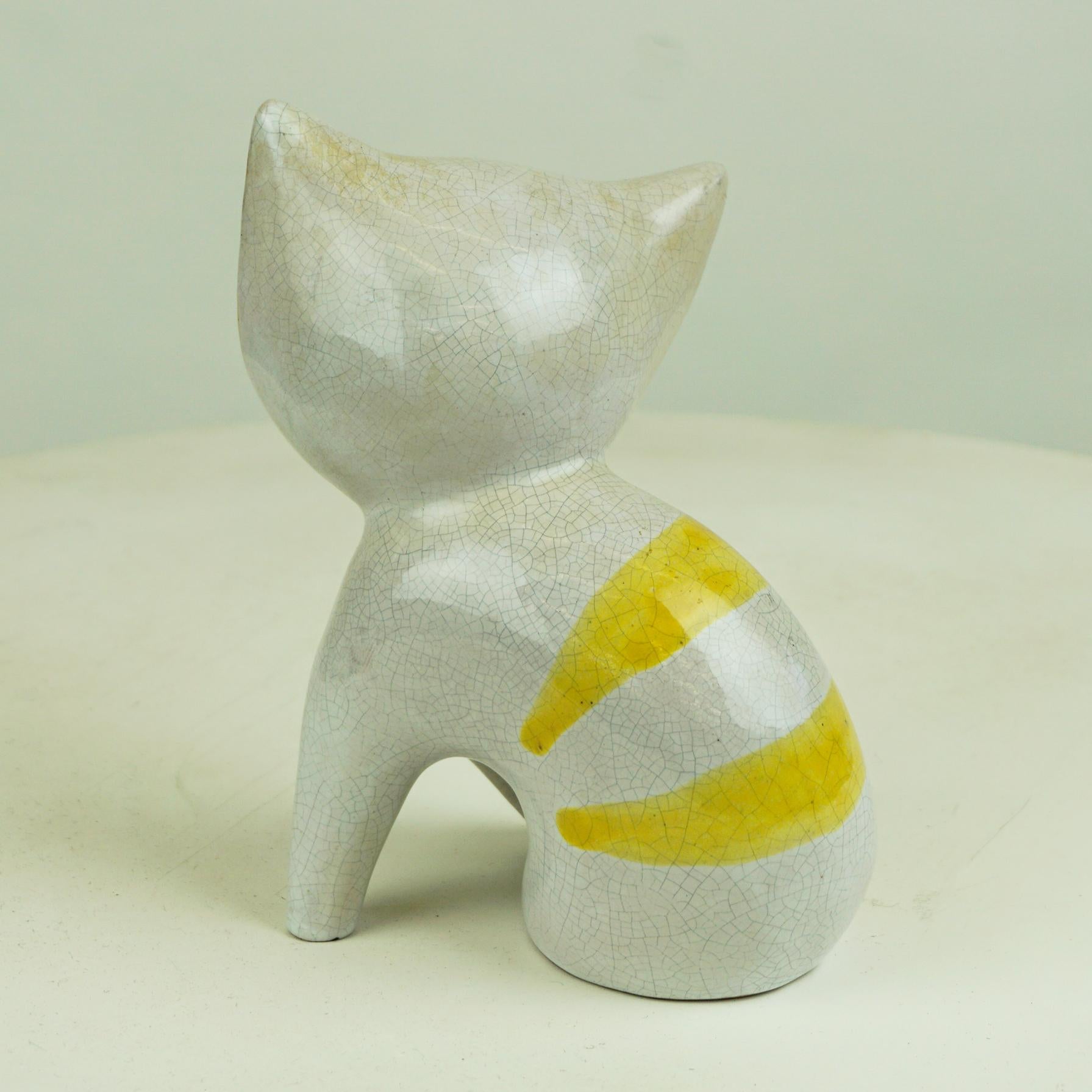 Austrian Midcentury White and Yellow Glazed Ceramic Cat by Leopold Anzengruber 1