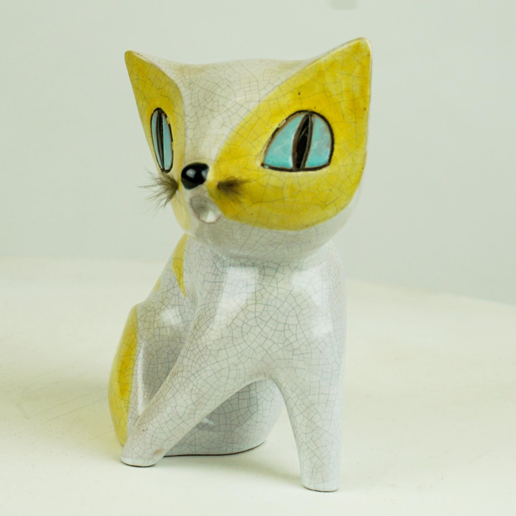 Austrian Midcentury White and Yellow Glazed Ceramic Cat by Leopold Anzengruber 2