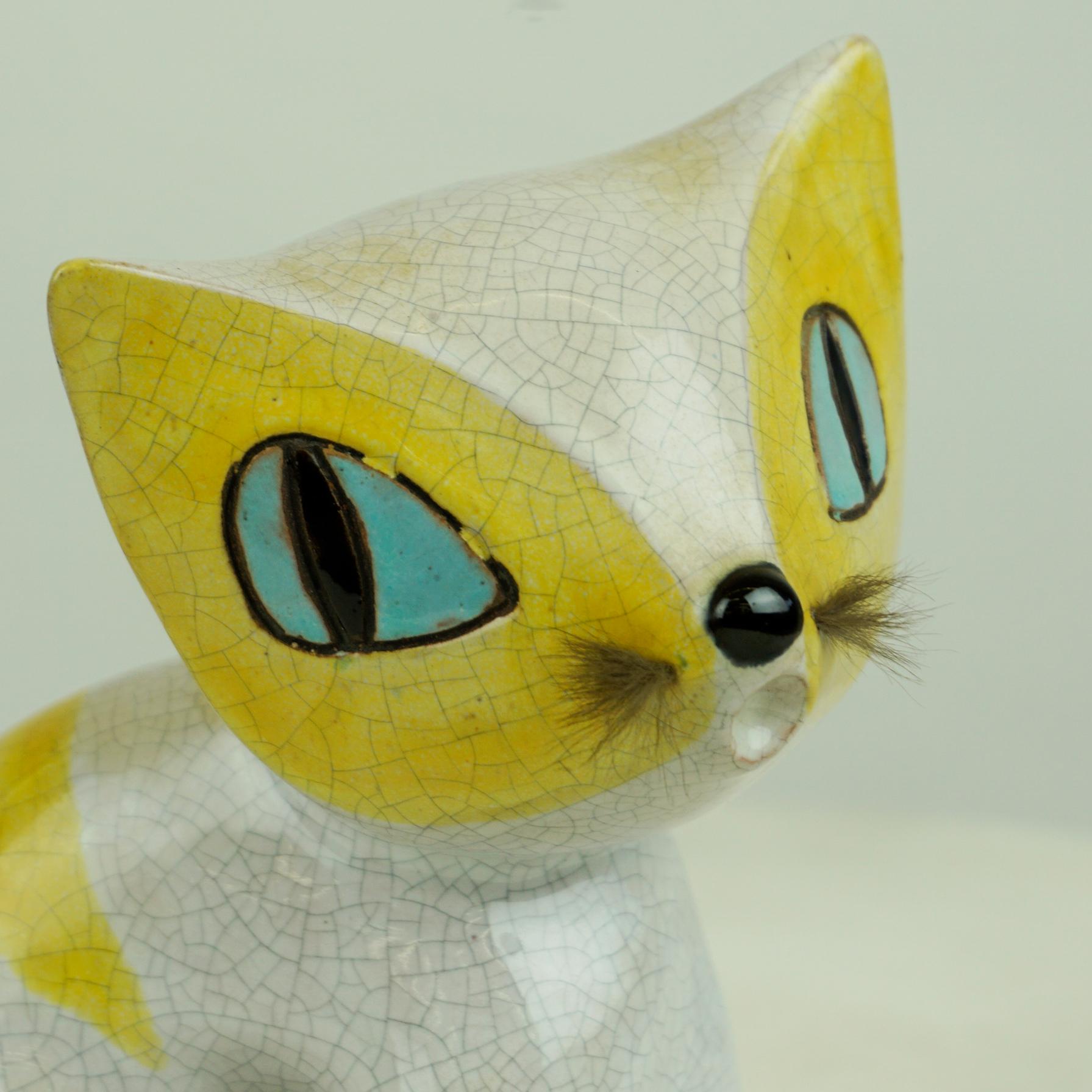 Austrian Midcentury White and Yellow Glazed Ceramic Cat by Leopold Anzengruber 3