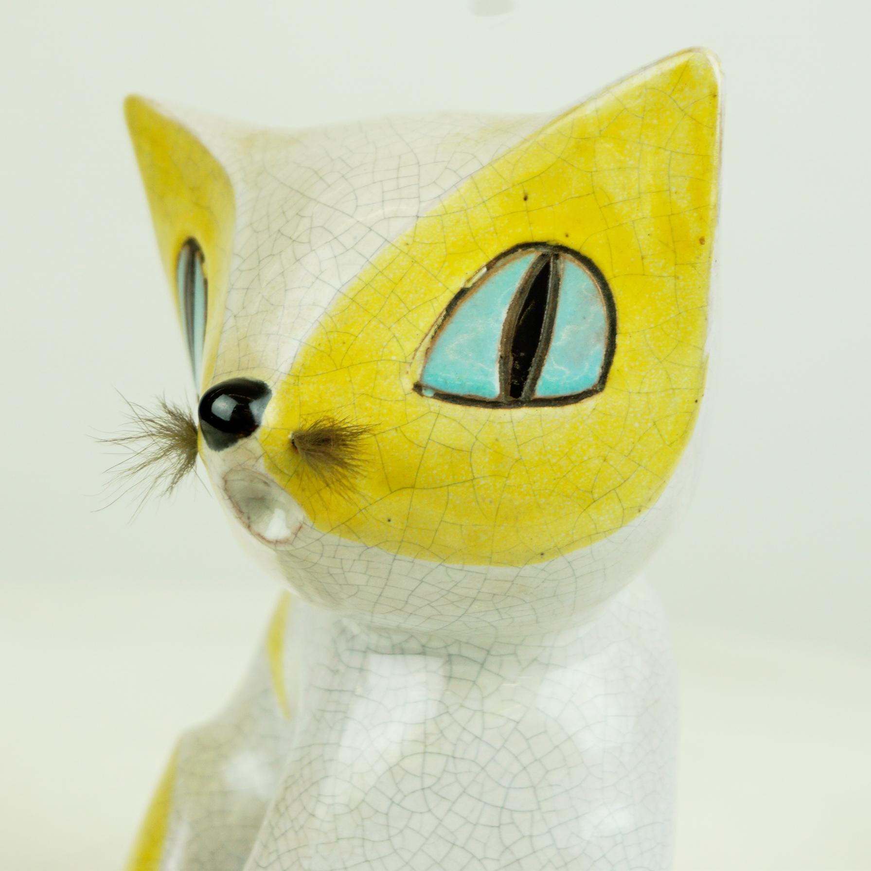 Austrian Midcentury White and Yellow Glazed Ceramic Cat by Leopold Anzengruber 4