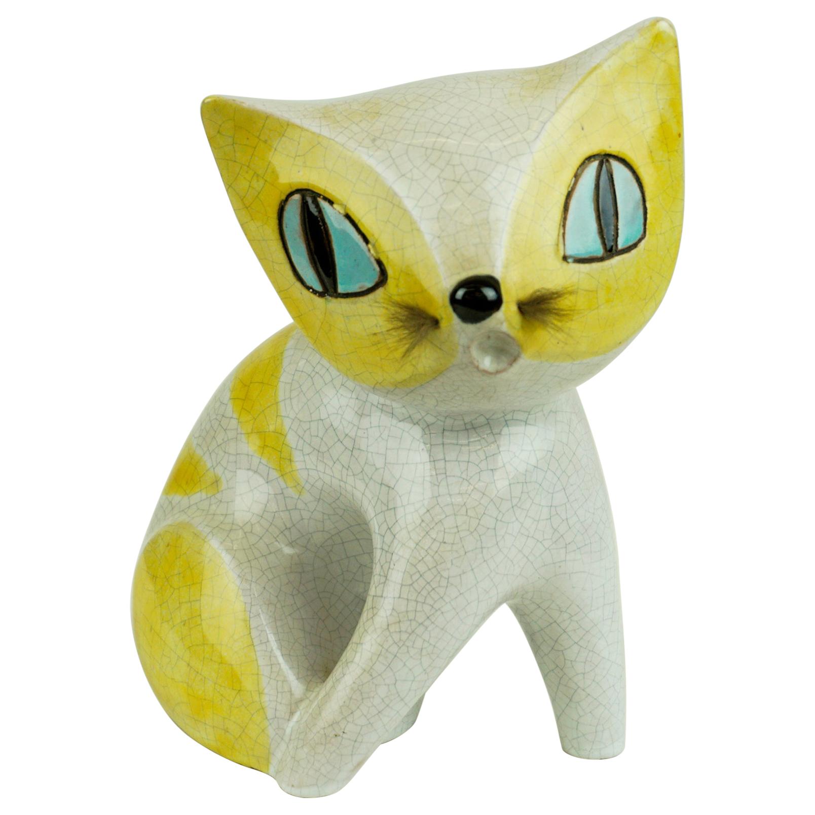 Austrian Midcentury White and Yellow Glazed Ceramic Cat by Leopold Anzengruber