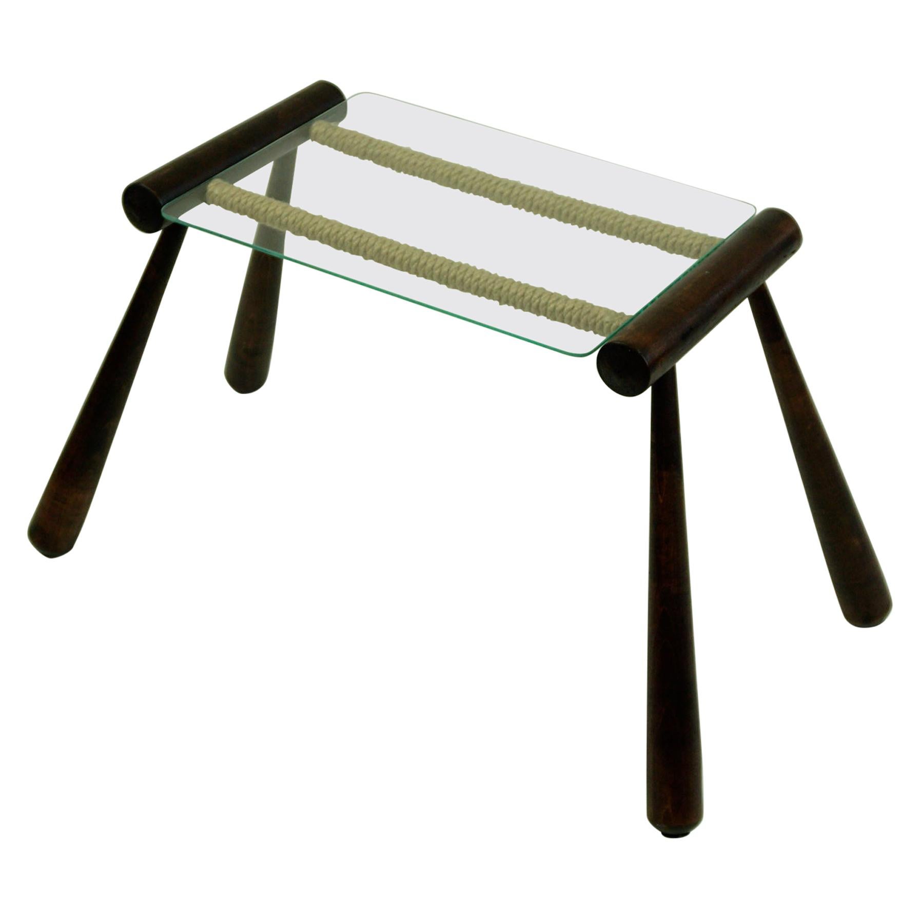 Austrian Midcentury Wooden Side Table with Cord and Glass Top by Max Kment