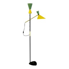 Vintage Austrian Midcentury Yellow and Green Brass Floor Lamp Pelikan by J.T. Kalmar