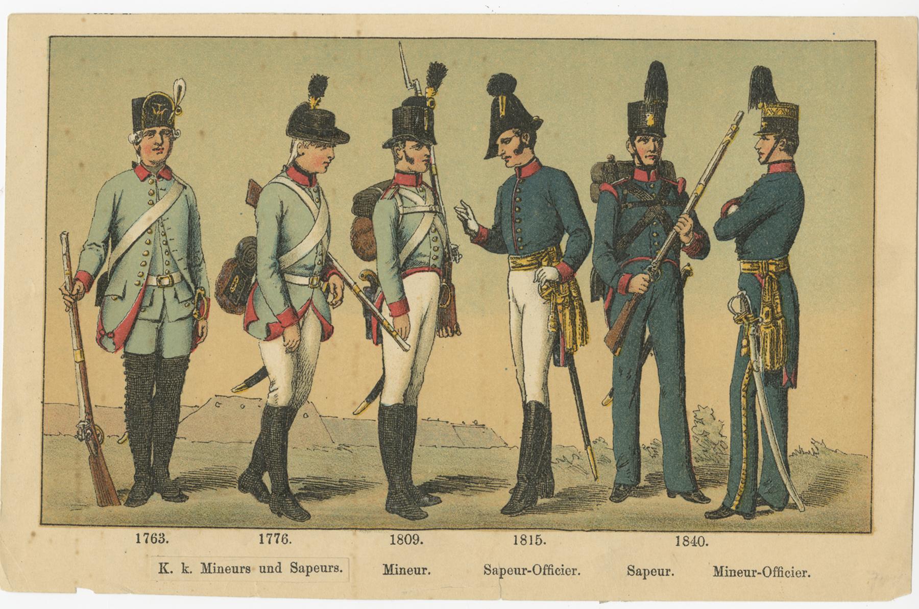 Set of three antique lithographs depicting a rich selection of Austrian military uniforms from the 18th and 19th centuries, presented in three detailed panels. 

Each figure is carefully rendered with accurate period colors, showcasing the evolution