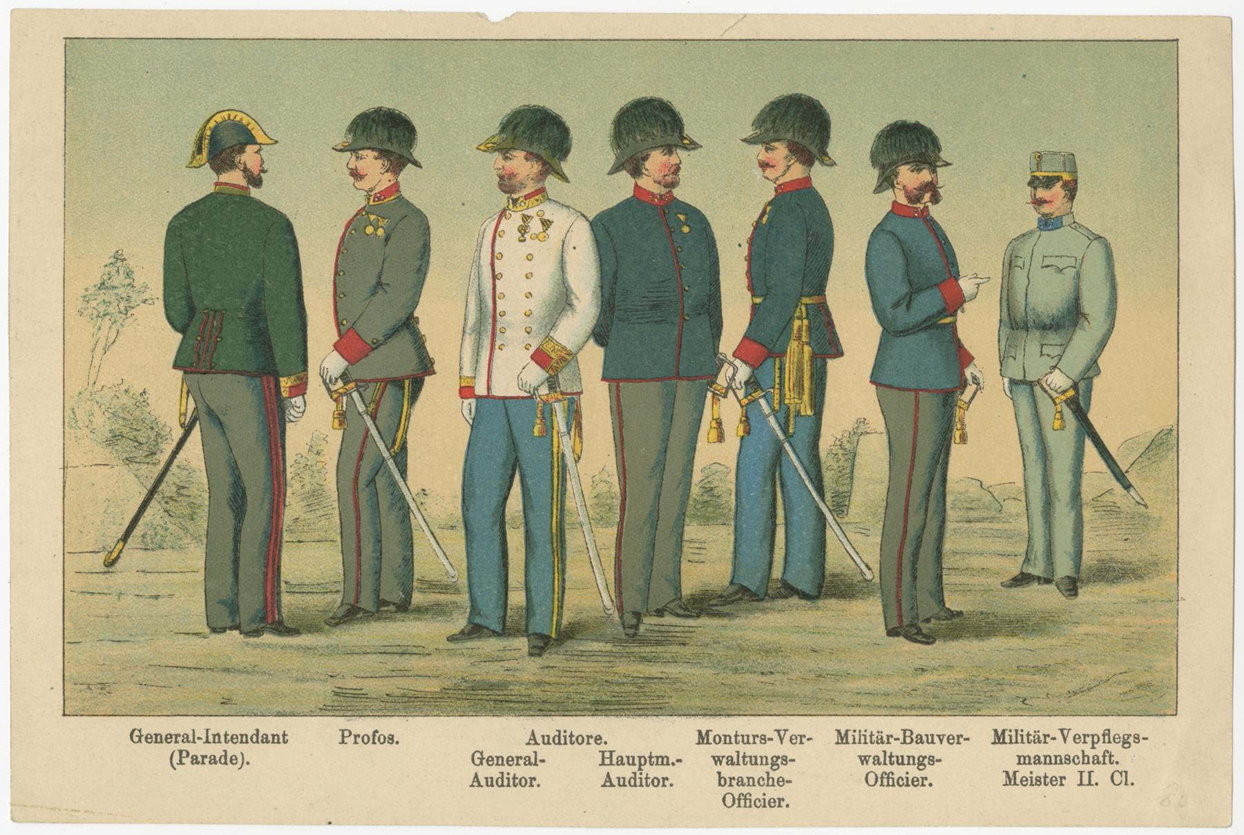 19th Century Austrian Military Uniforms Lithograph – Engineers, Landwehr & Staff, c.1890 For Sale