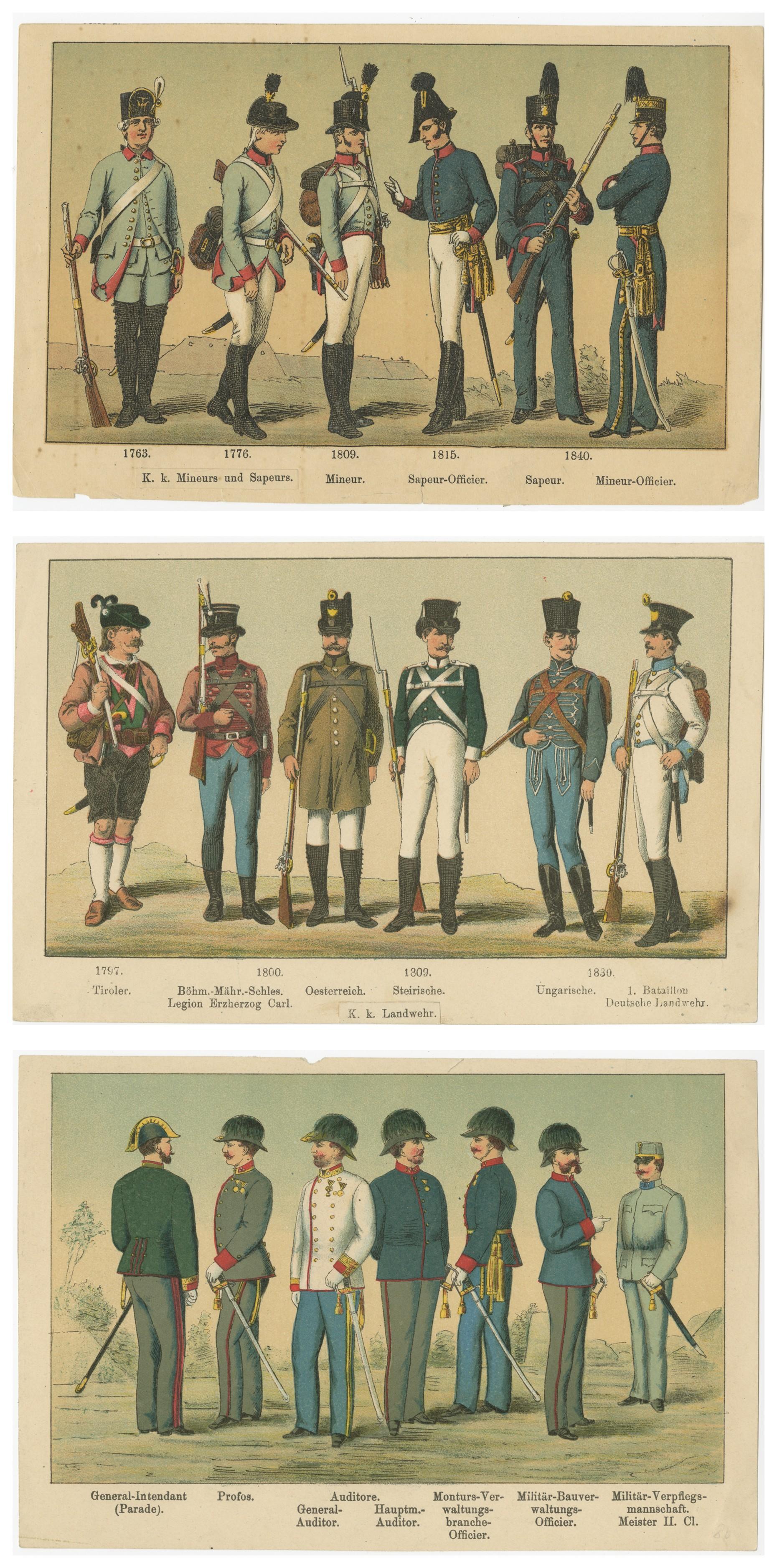 Paper Austrian Military Uniforms Lithograph – Engineers, Landwehr & Staff, c.1890 For Sale