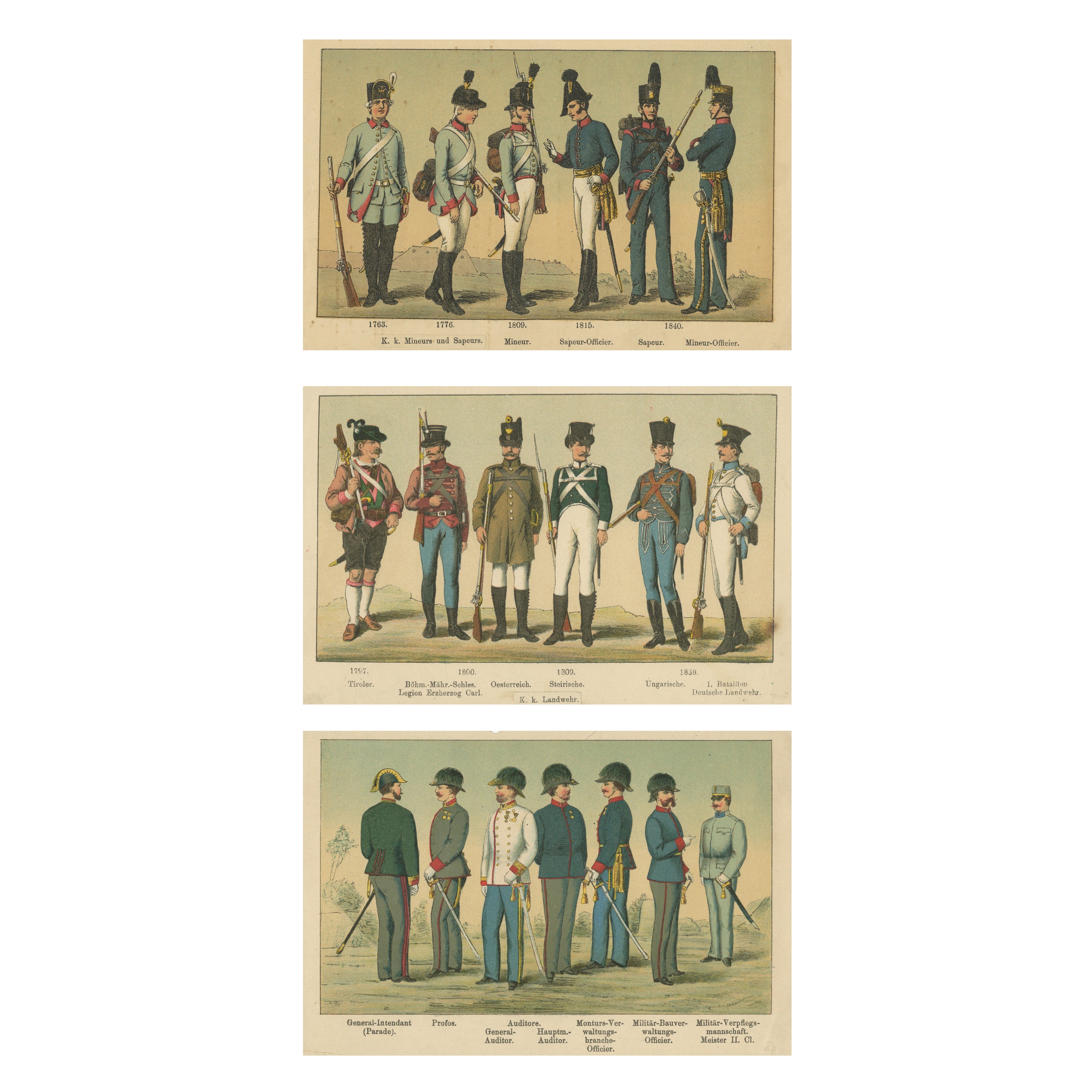 Austrian Military Uniforms Lithograph – Engineers, Landwehr & Staff, c.1890