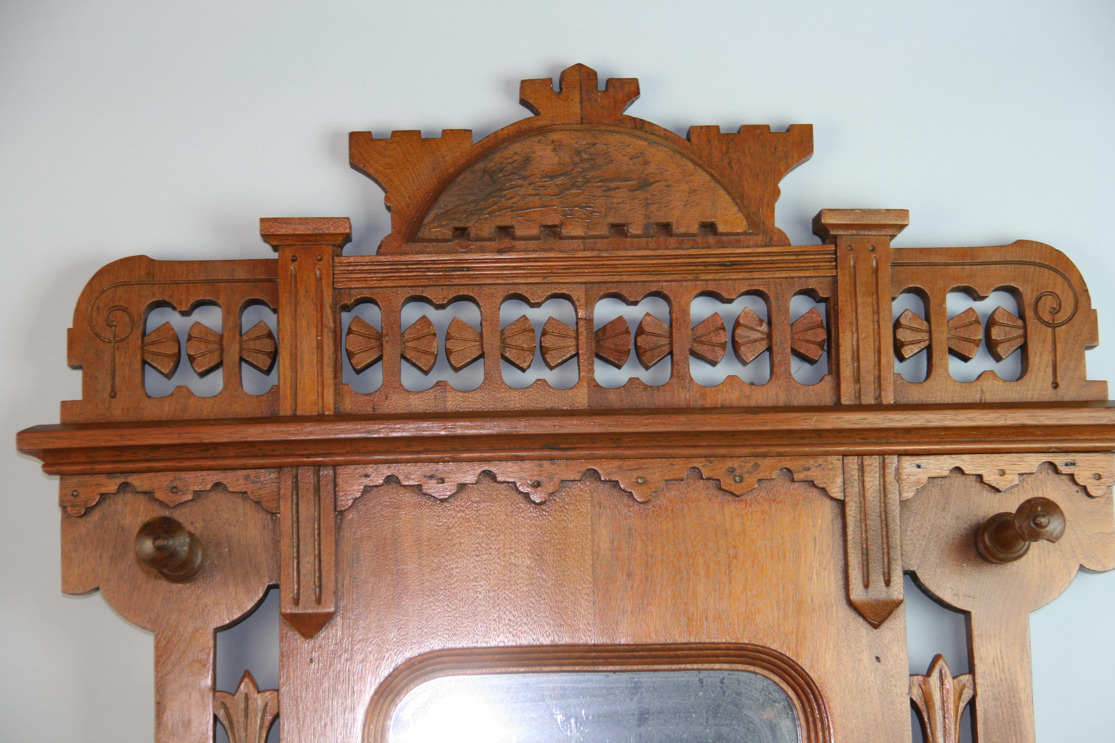 Austrian Mirrored Coat/Hat Rack Carved Walnut 1890's In Good Condition For Sale In Douglas Manor, NY