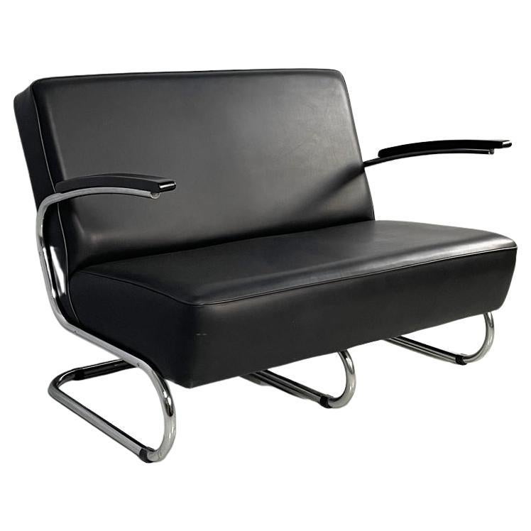 Austrian Modern Steel Leather S 411 Two-Seater Sofa attributed to Thonet, 1980s For Sale