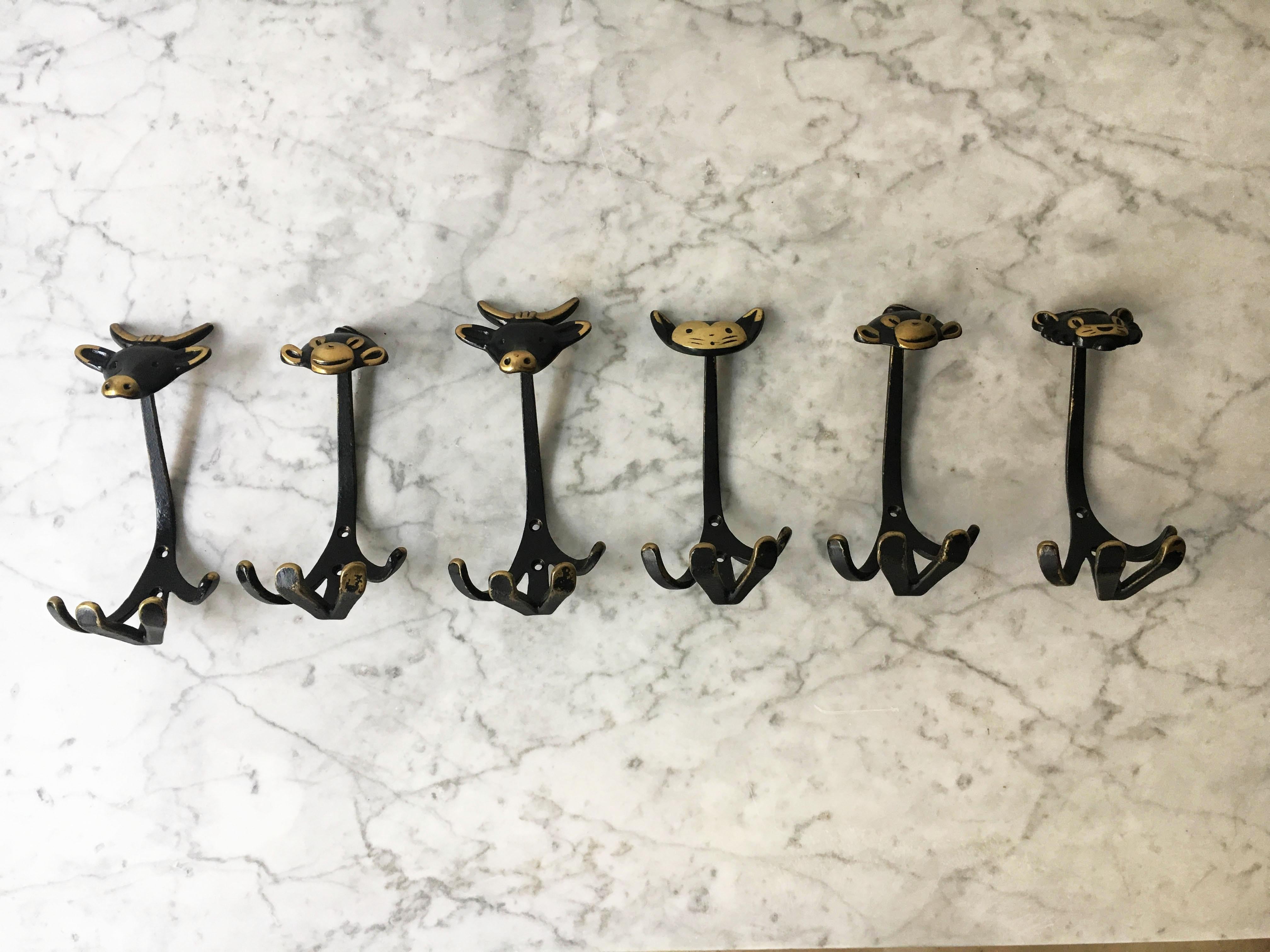 Austrian Brass Wall Coat Hooks by Hertha Baller Set of Six, Austria, 1950s For Sale 3