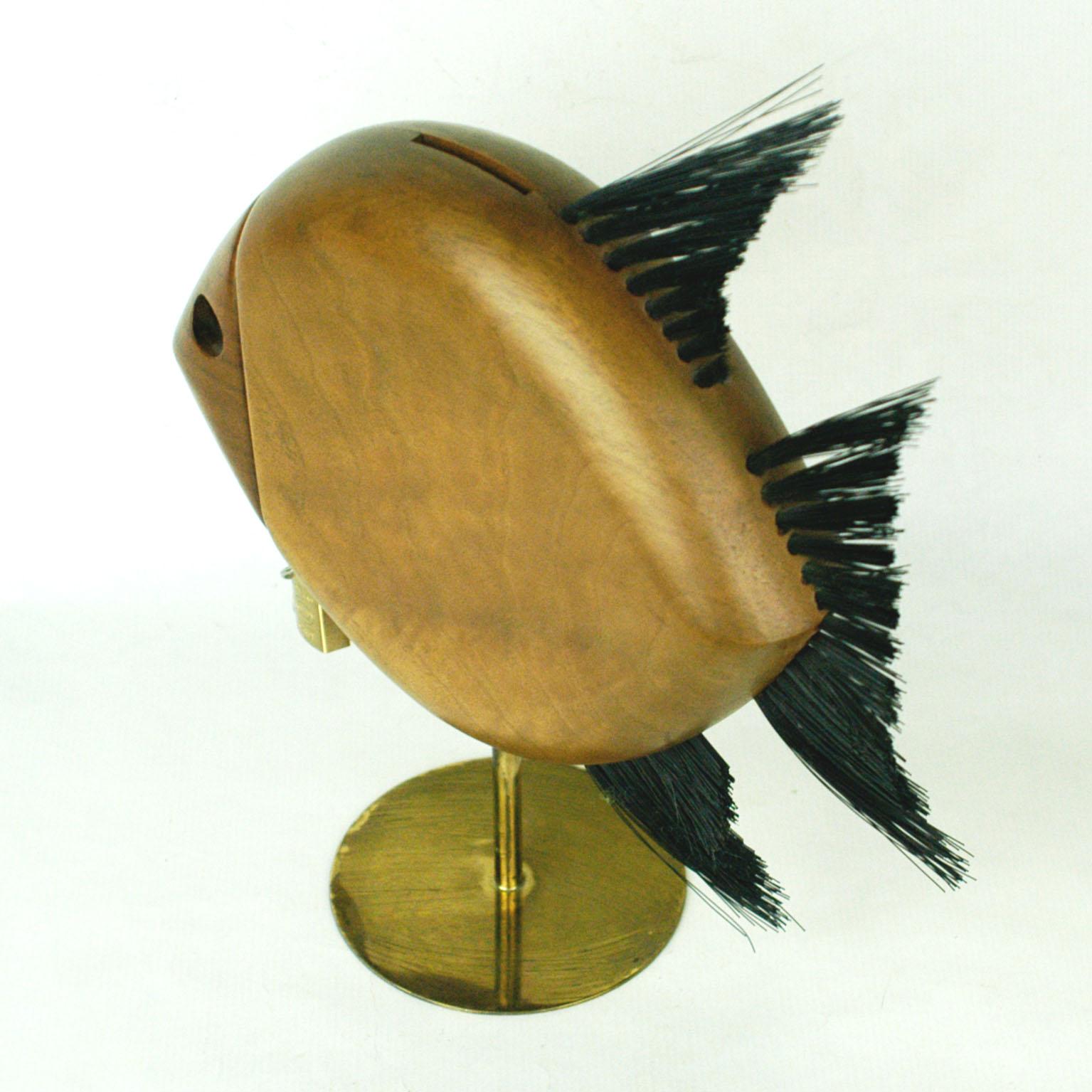 Austrian Modernist Walnut and Brass Fish Shaped Money Box by Carl Auböck In Excellent Condition In Vienna, AT