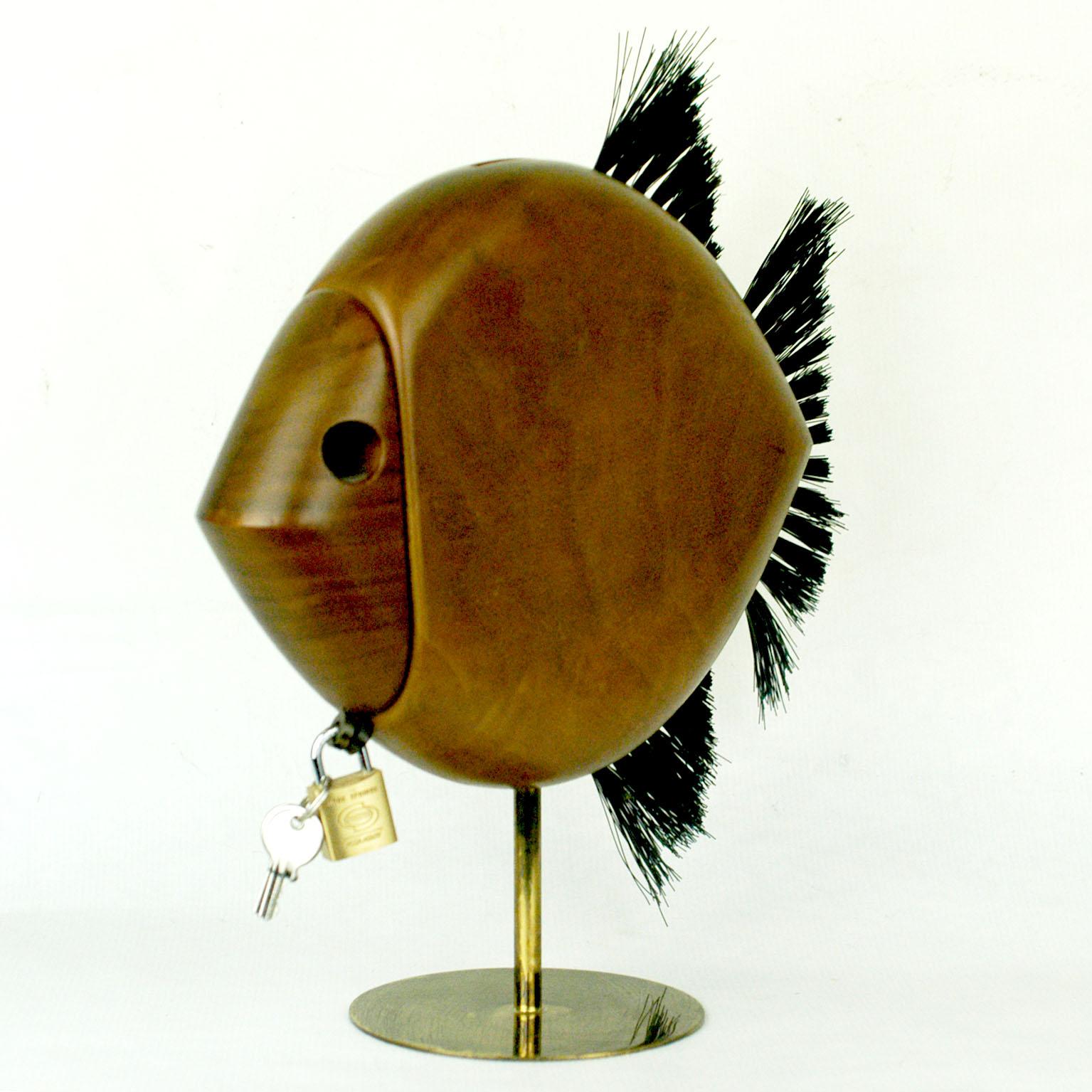 20th Century Austrian Modernist Walnut and Brass Fish Shaped Money Box by Carl Auböck