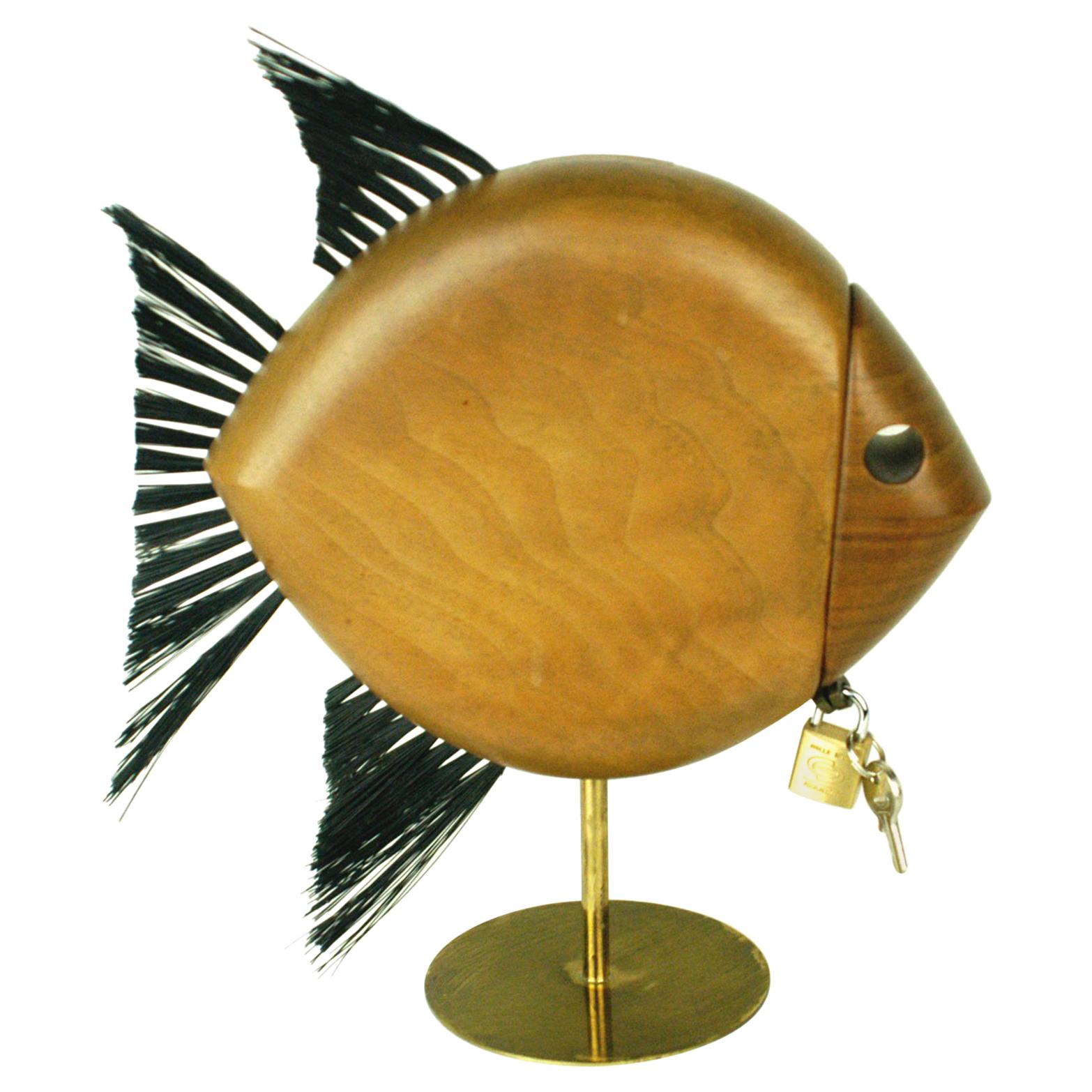 Austrian Modernist Walnut and Brass Fish Shaped Money Box by Carl Auböck