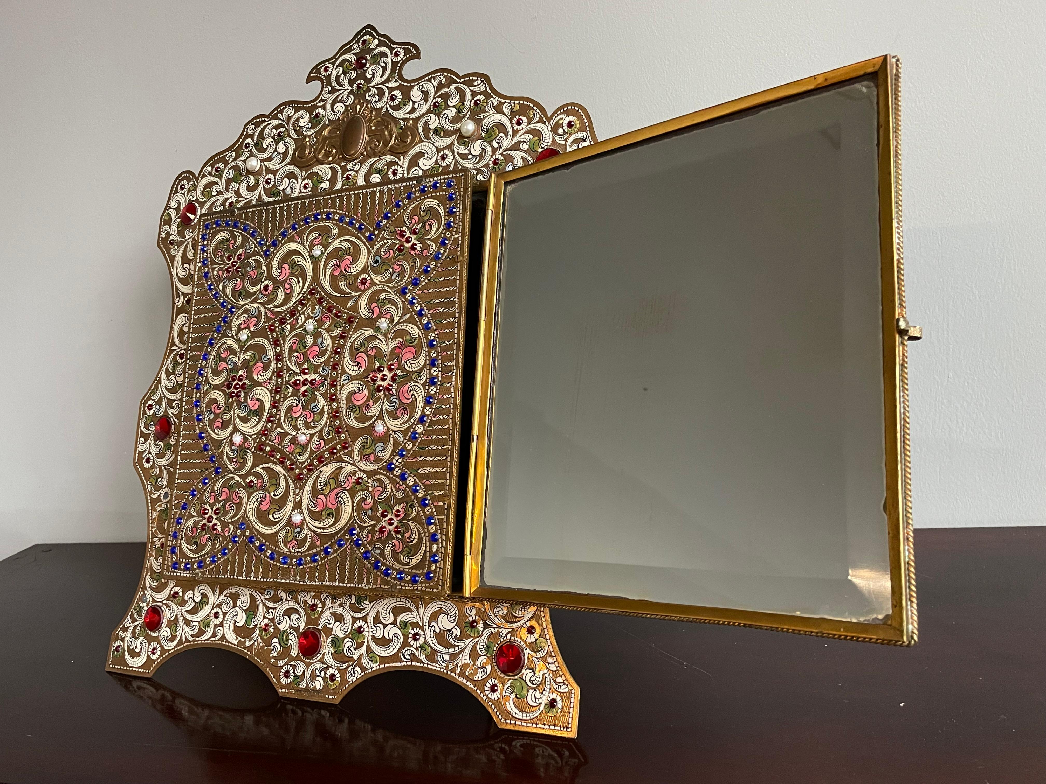 Austrian Moorish Revival Enameled & Engraved & Bejeweled Brass Three Fold Mirror For Sale 8