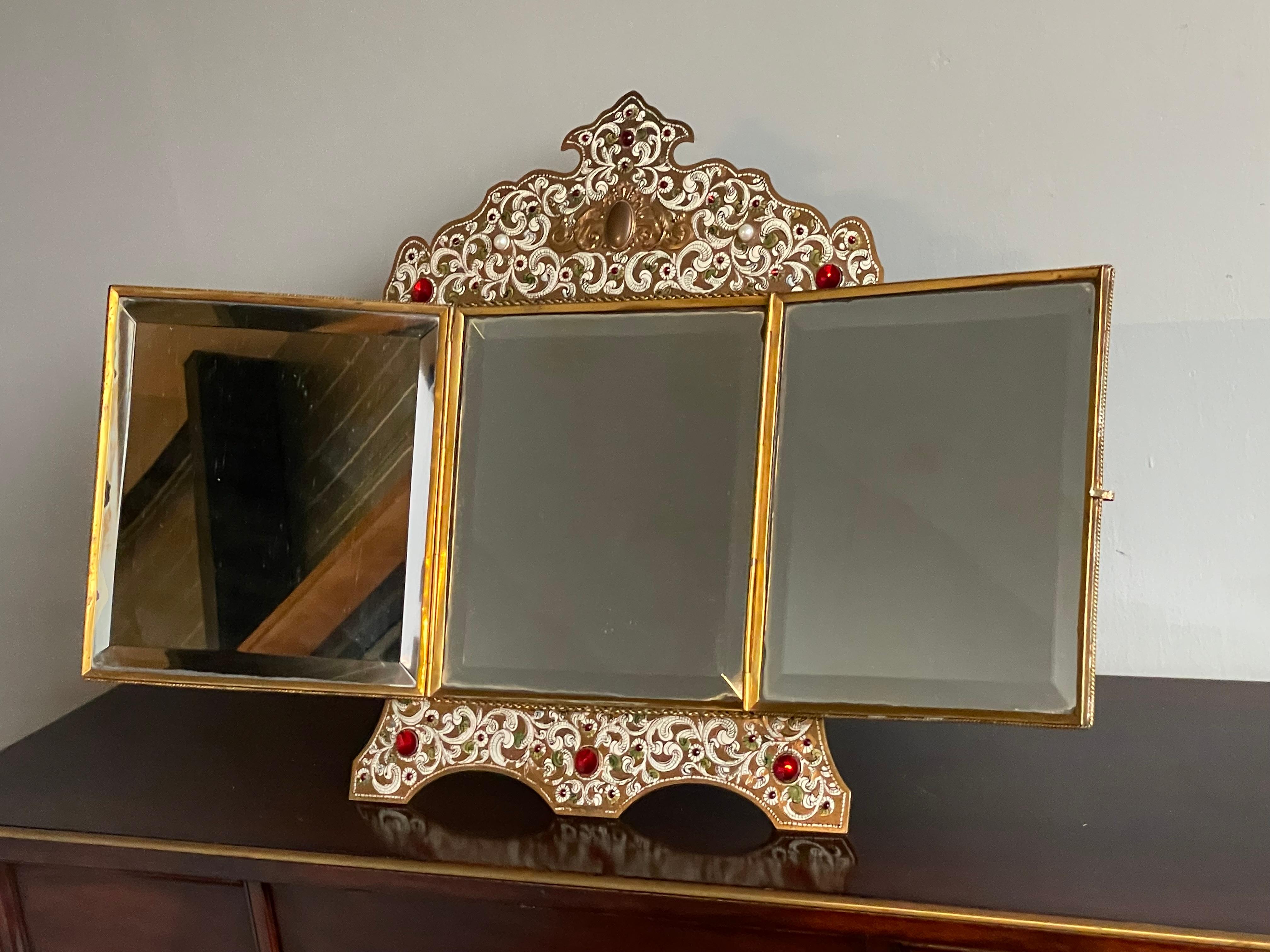 Austrian Moorish Revival Enameled & Engraved & Bejeweled Brass Three Fold Mirror For Sale 9