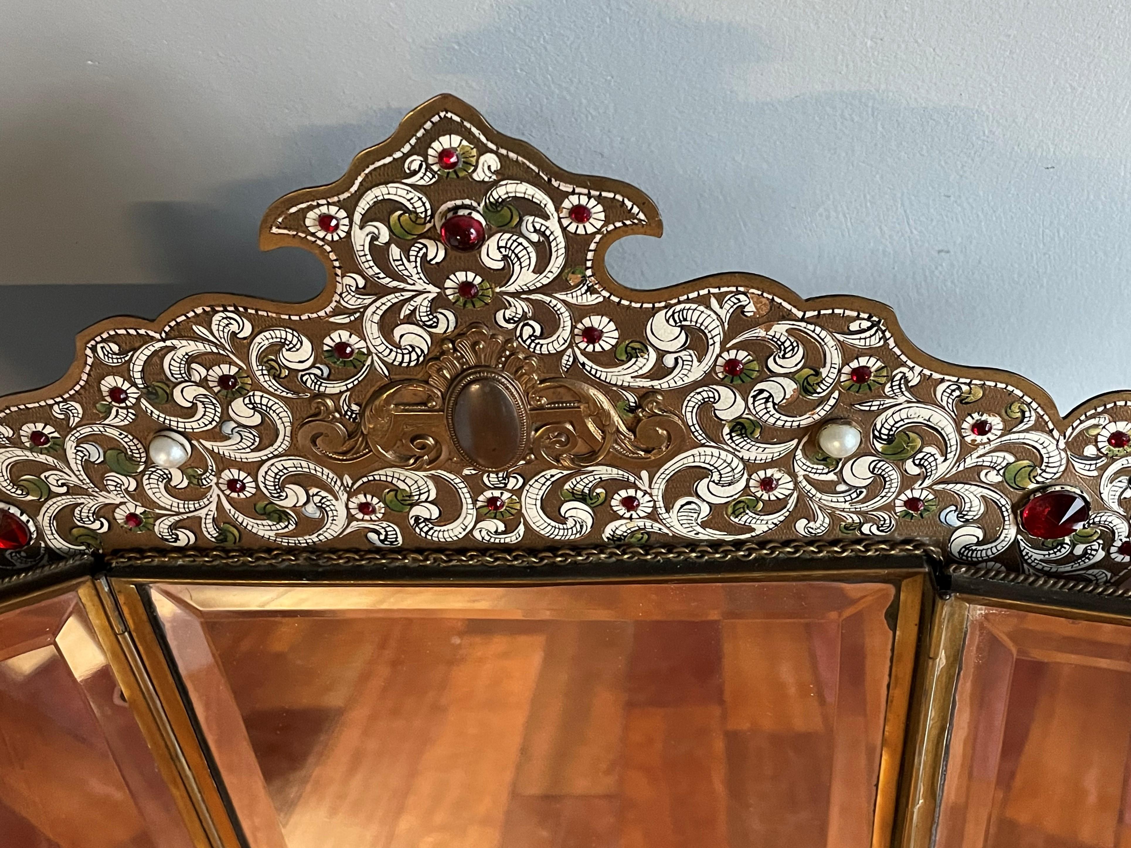 Austrian Moorish Revival Enameled & Engraved & Bejeweled Brass Three Fold Mirror For Sale 10