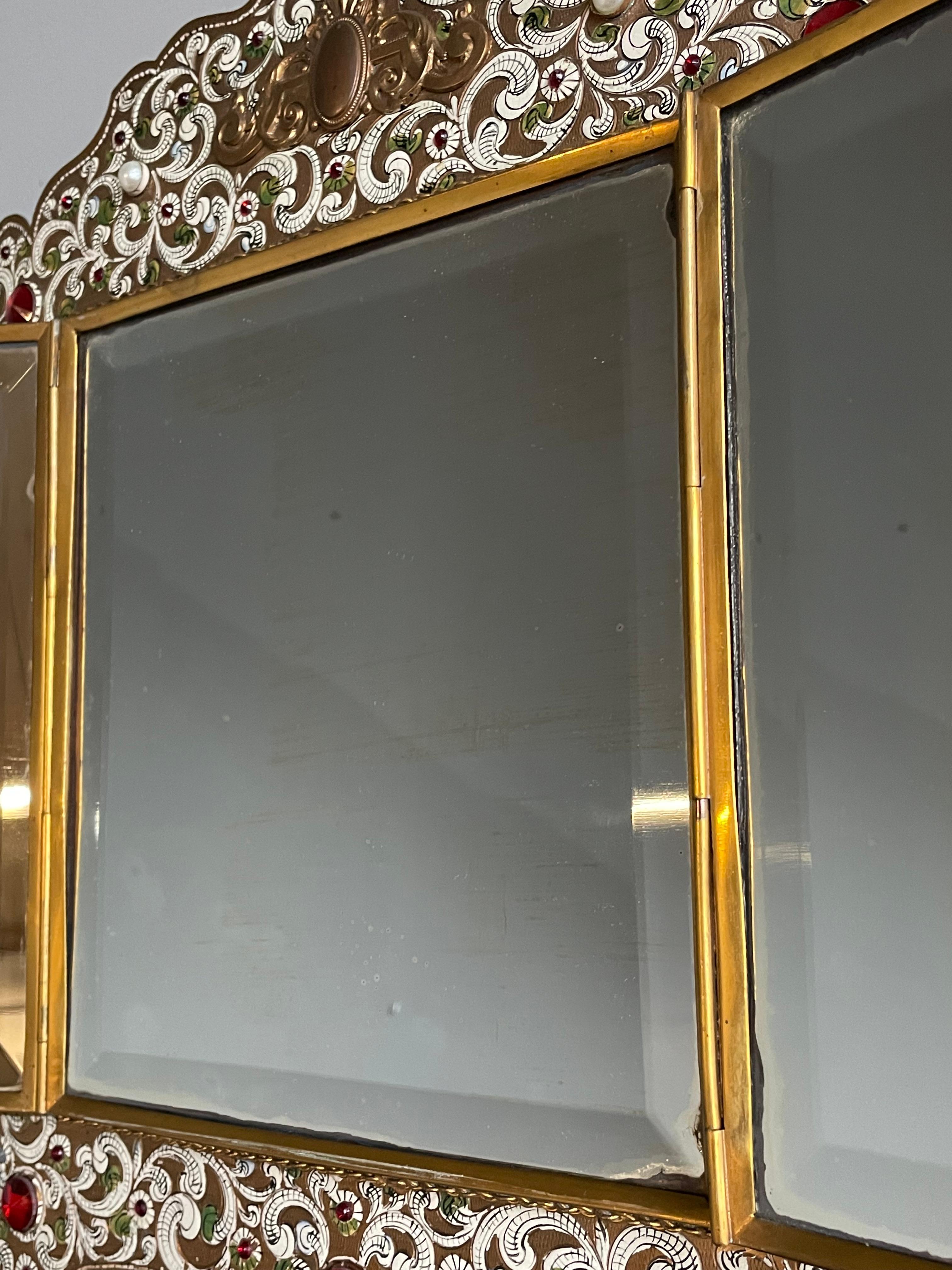 Austrian Moorish Revival Enameled & Engraved & Bejeweled Brass Three Fold Mirror For Sale 11