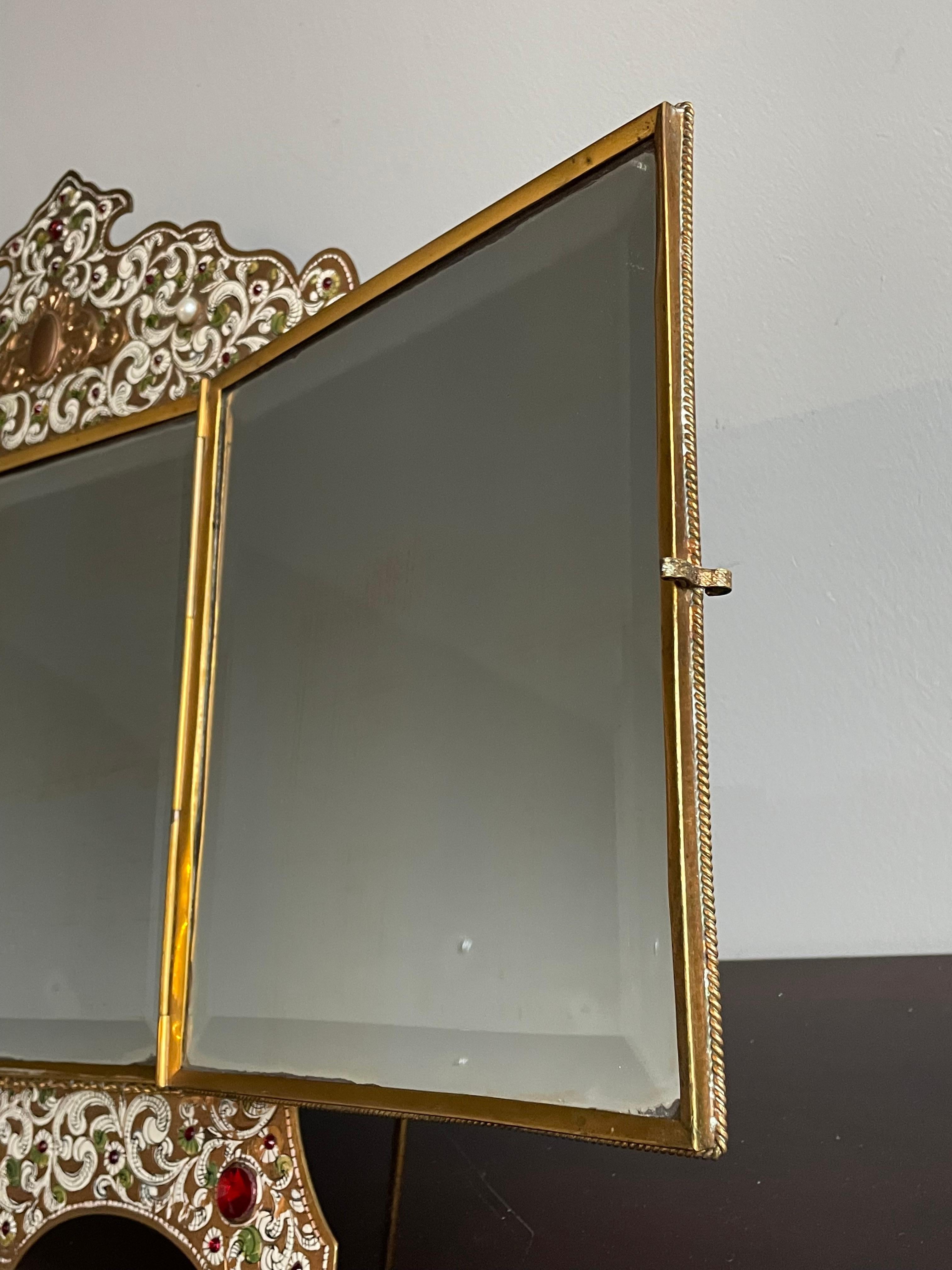 Austrian Moorish Revival Enameled & Engraved & Bejeweled Brass Three Fold Mirror For Sale 12