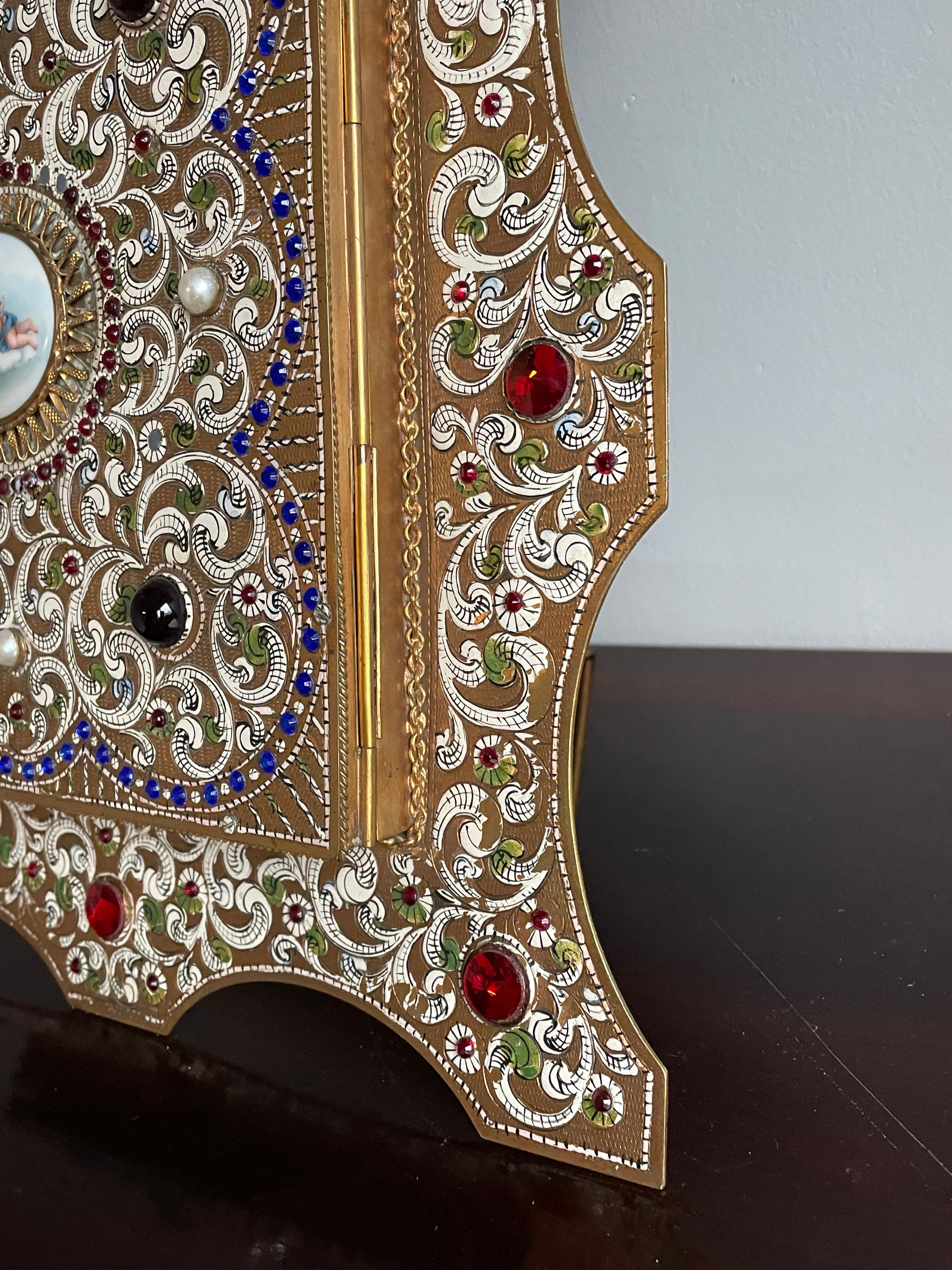 Austrian Moorish Revival Enameled & Engraved & Bejeweled Brass Three Fold Mirror For Sale 13