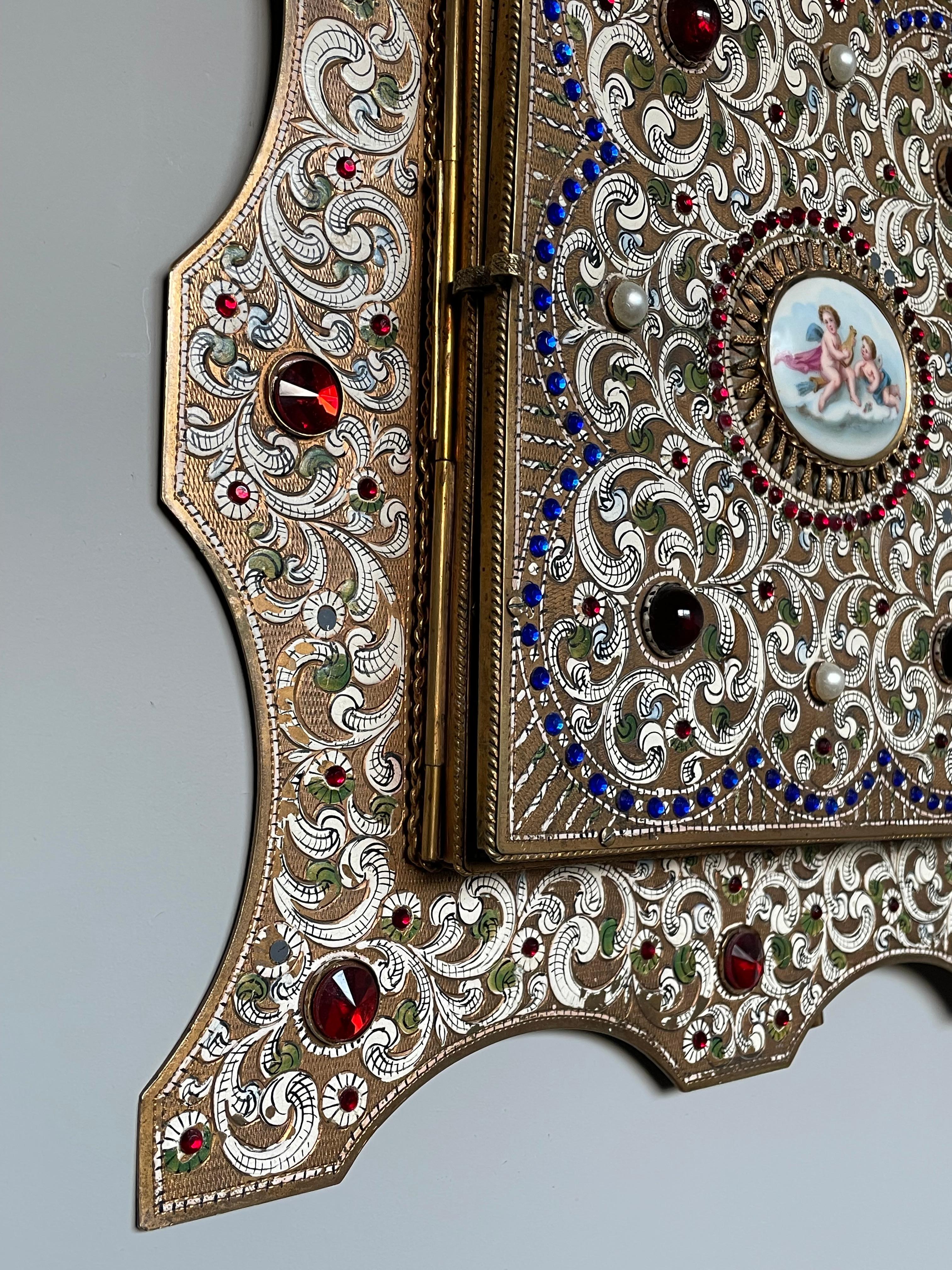 Austrian Moorish Revival Enameled & Engraved & Bejeweled Brass Three Fold Mirror For Sale 14