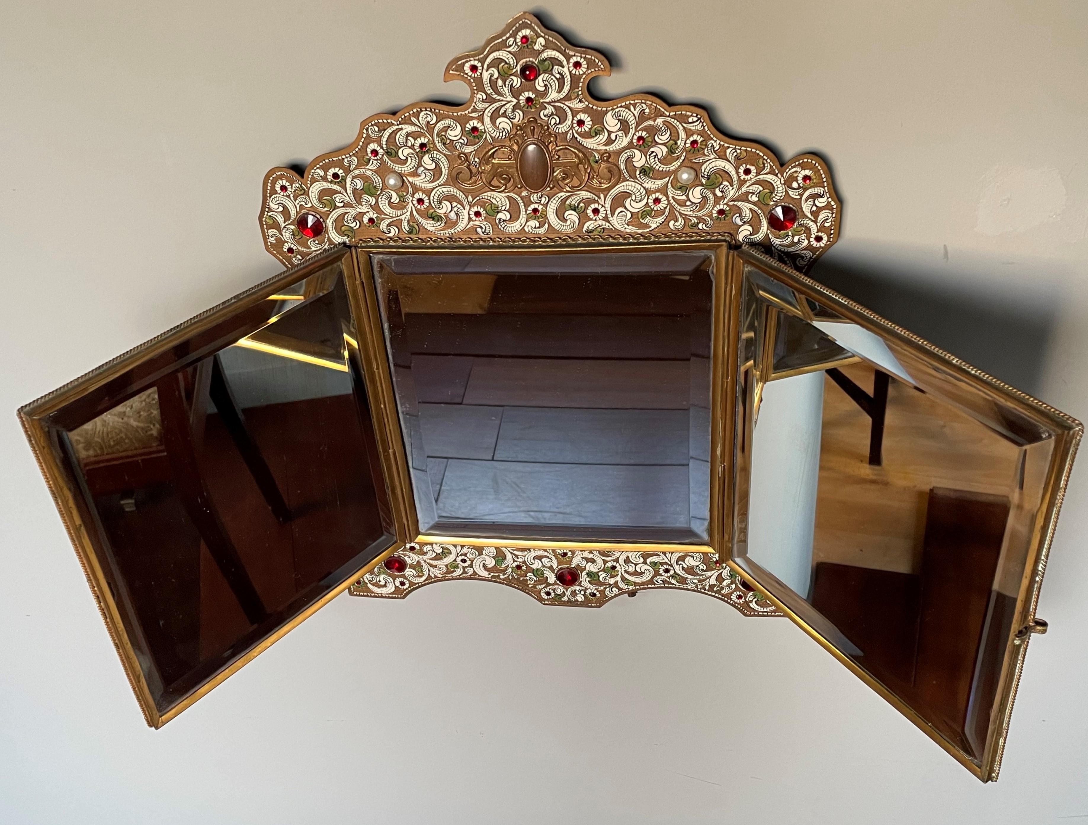 Austrian Moorish Revival Enameled & Engraved & Bejeweled Brass Three Fold Mirror For Sale 15