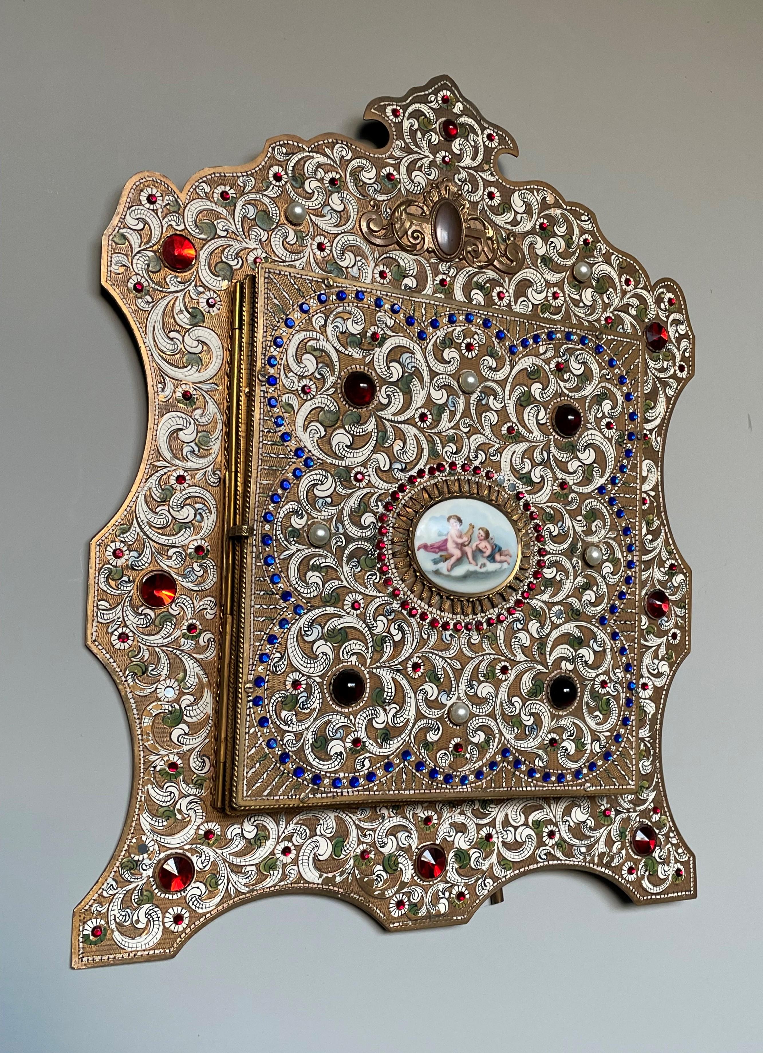 20th Century Austrian Moorish Revival Enameled & Engraved & Bejeweled Brass Three Fold Mirror For Sale