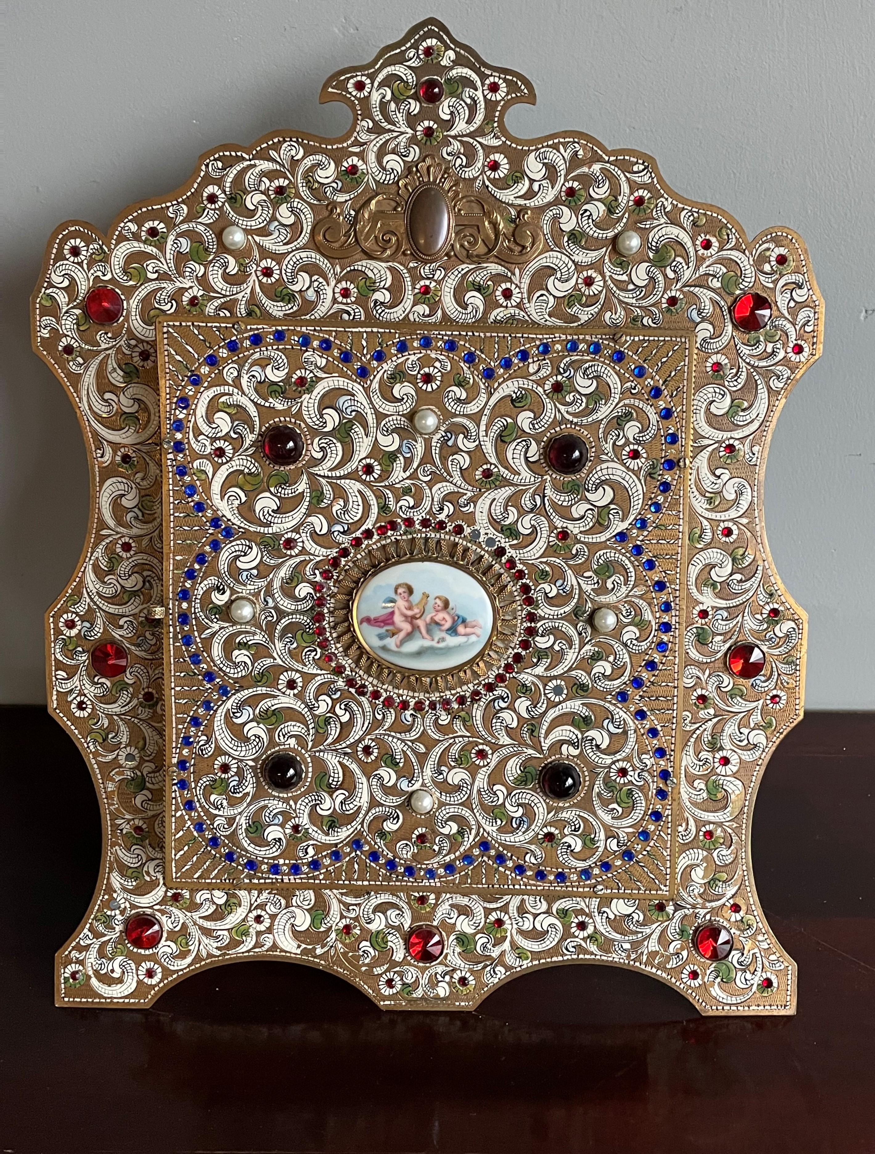 Porcelain Austrian Moorish Revival Enameled & Engraved & Bejeweled Brass Three Fold Mirror For Sale