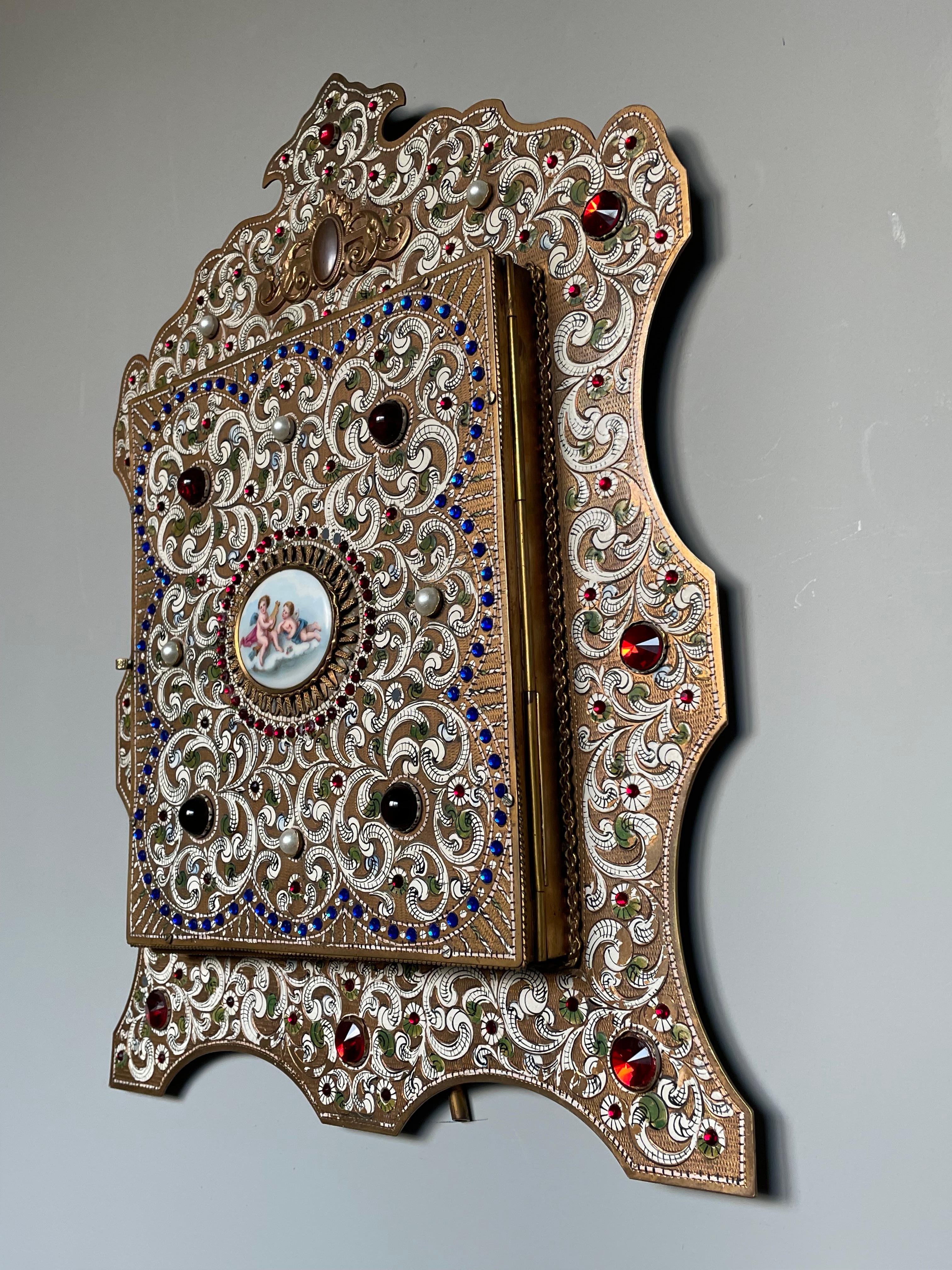 Austrian Moorish Revival Enameled & Engraved & Bejeweled Brass Three Fold Mirror For Sale 1