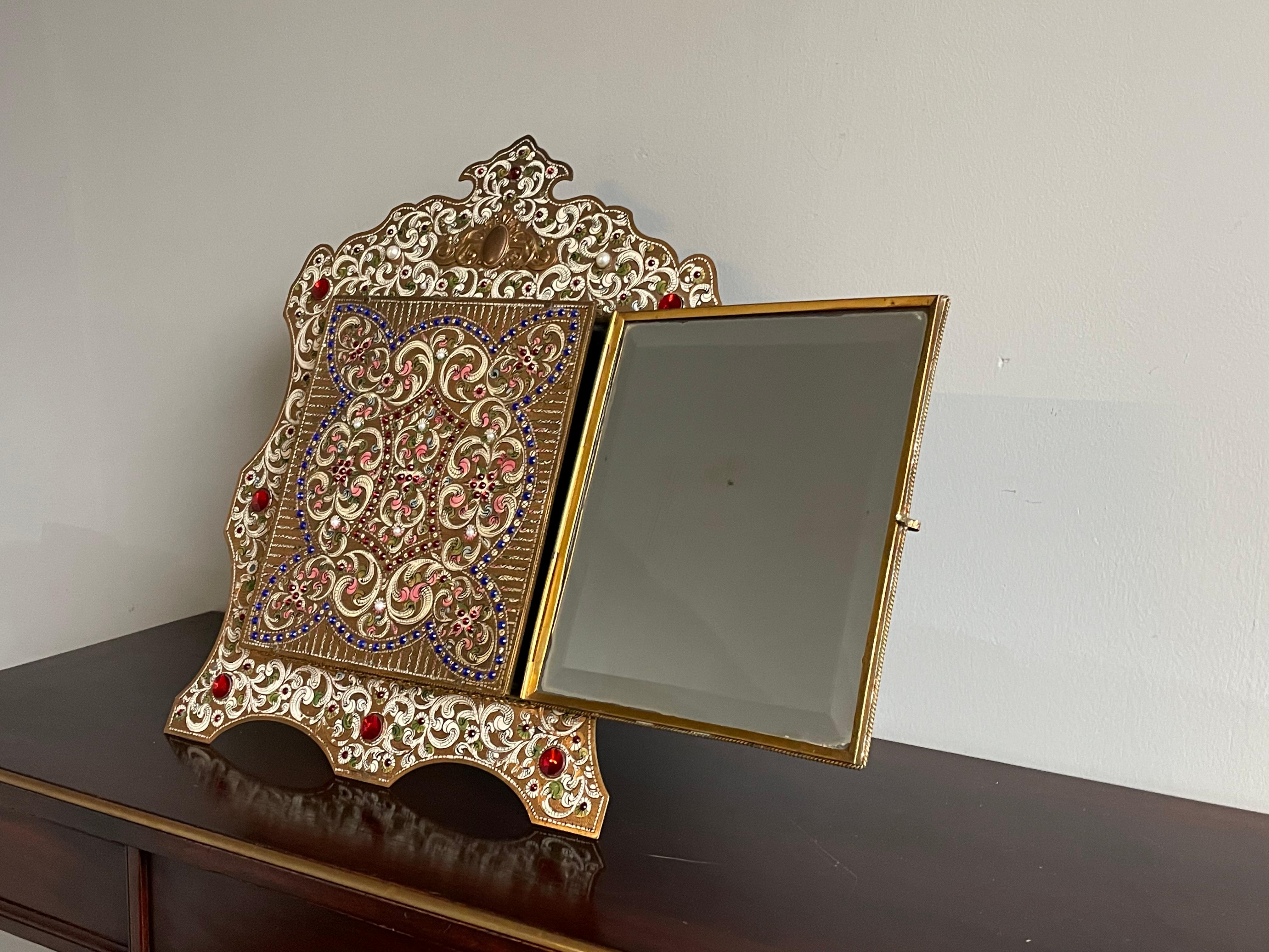 Austrian Moorish Revival Enameled & Engraved & Bejeweled Brass Three Fold Mirror For Sale 3