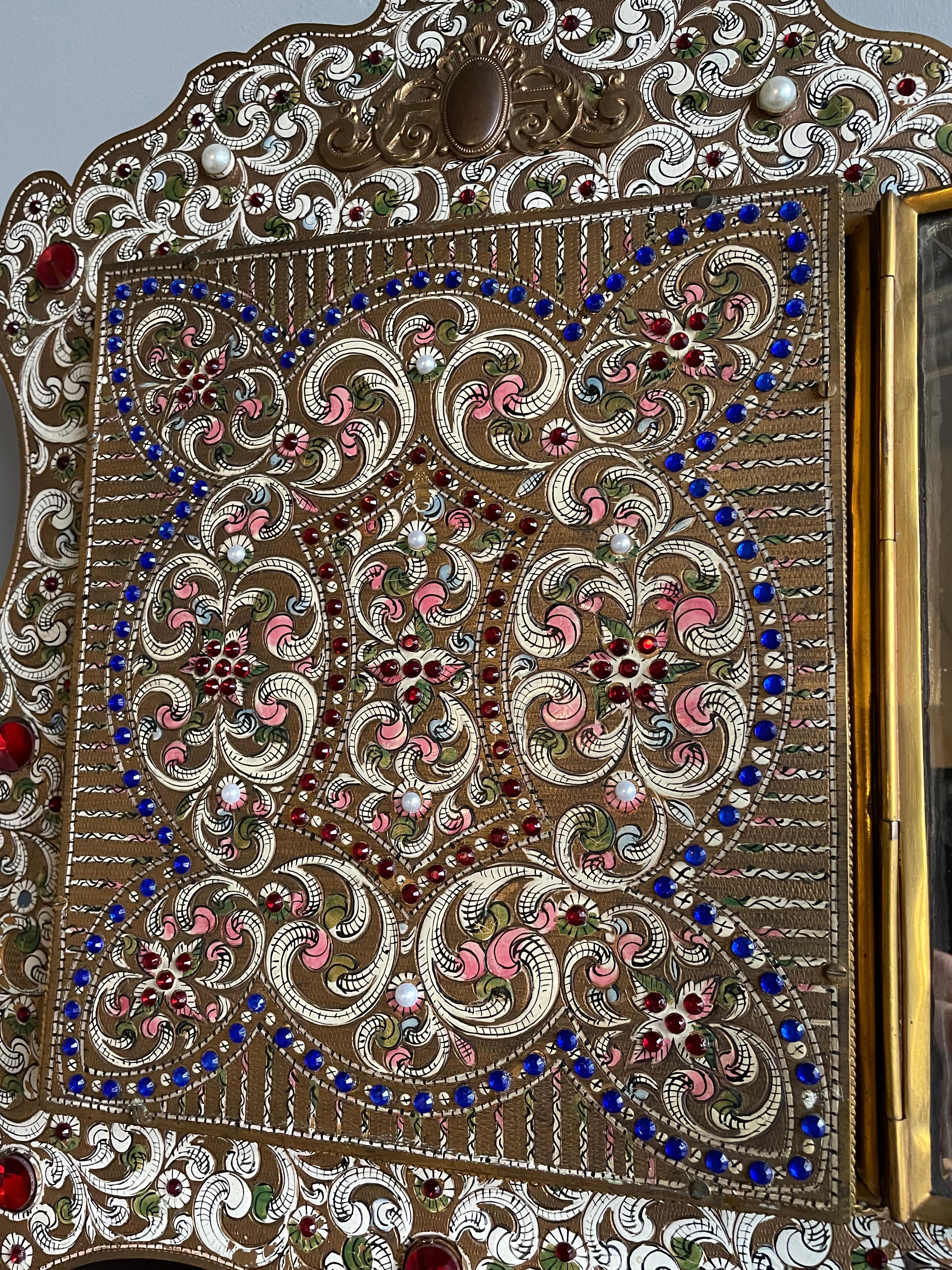 Austrian Moorish Revival Enameled & Engraved & Bejeweled Brass Three Fold Mirror For Sale 4