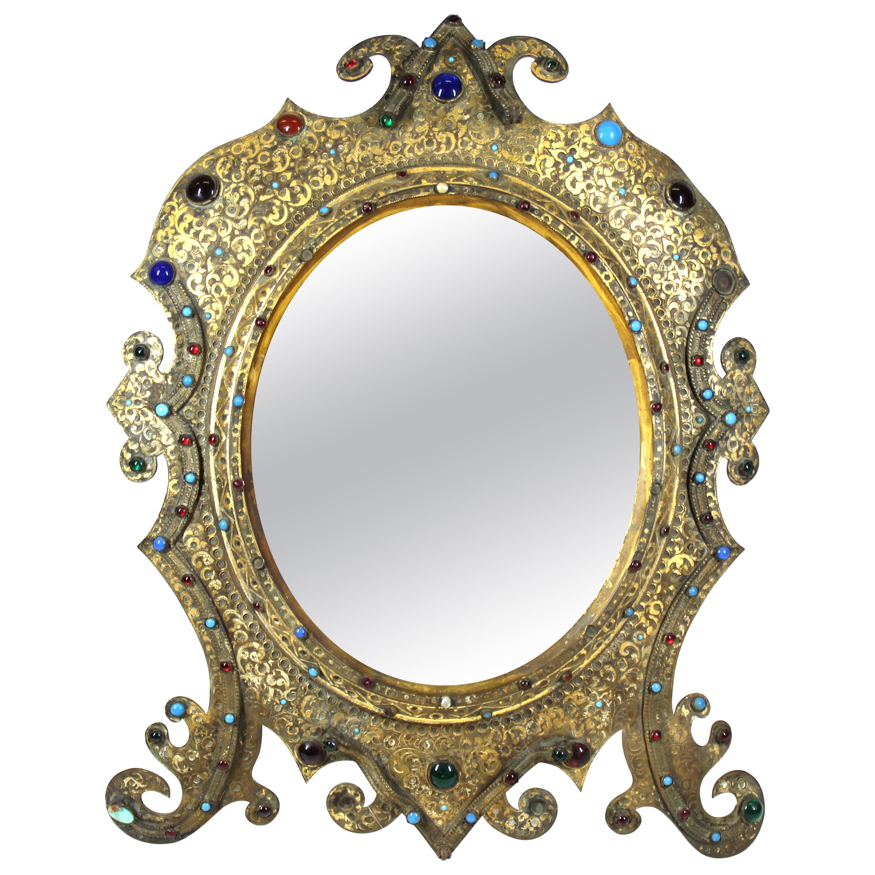 Austrian Moorish Revival Gilded Bronze Enameled and Bejeweled Oval Table Mirror For Sale