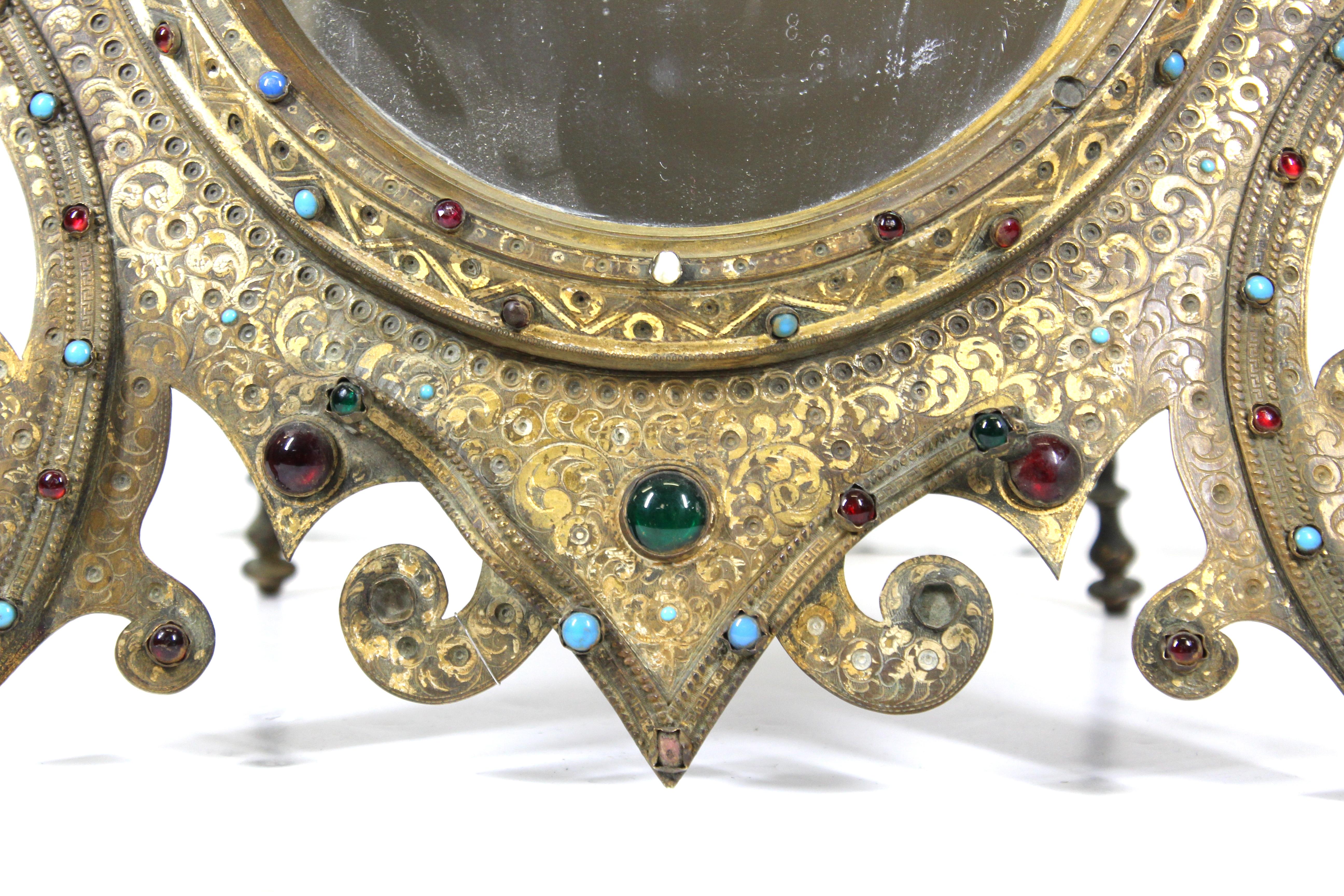 Austrian Moorish Revival Gilded Bronze Enameled and Bejeweled Oval Table Mirror For Sale 3