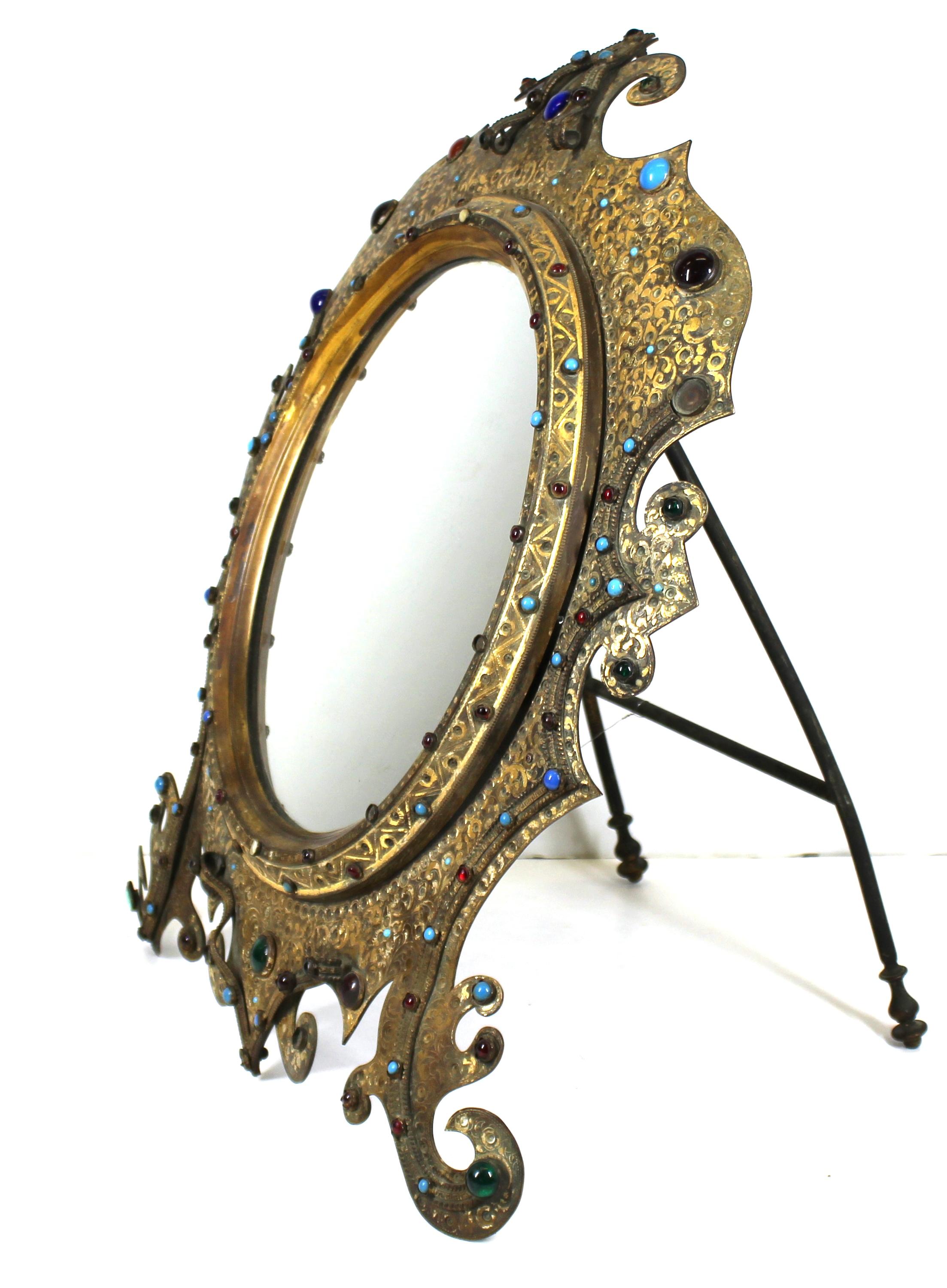 Austrian Moorish Revival Gilded Bronze Enameled and Bejeweled Oval Table Mirror For Sale 4