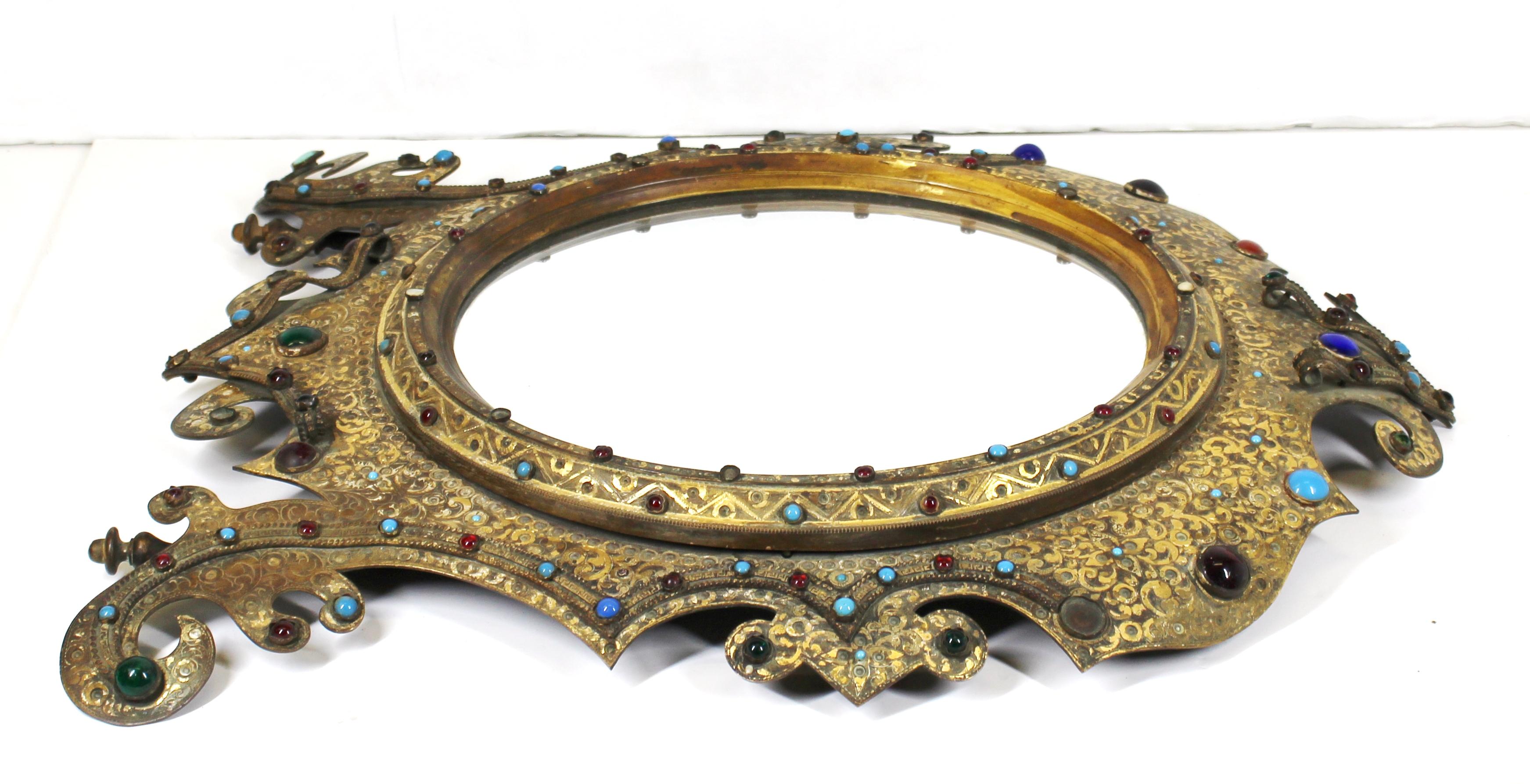 Austrian Moorish Revival Gilded Bronze Enameled and Bejeweled Oval Table Mirror For Sale 7