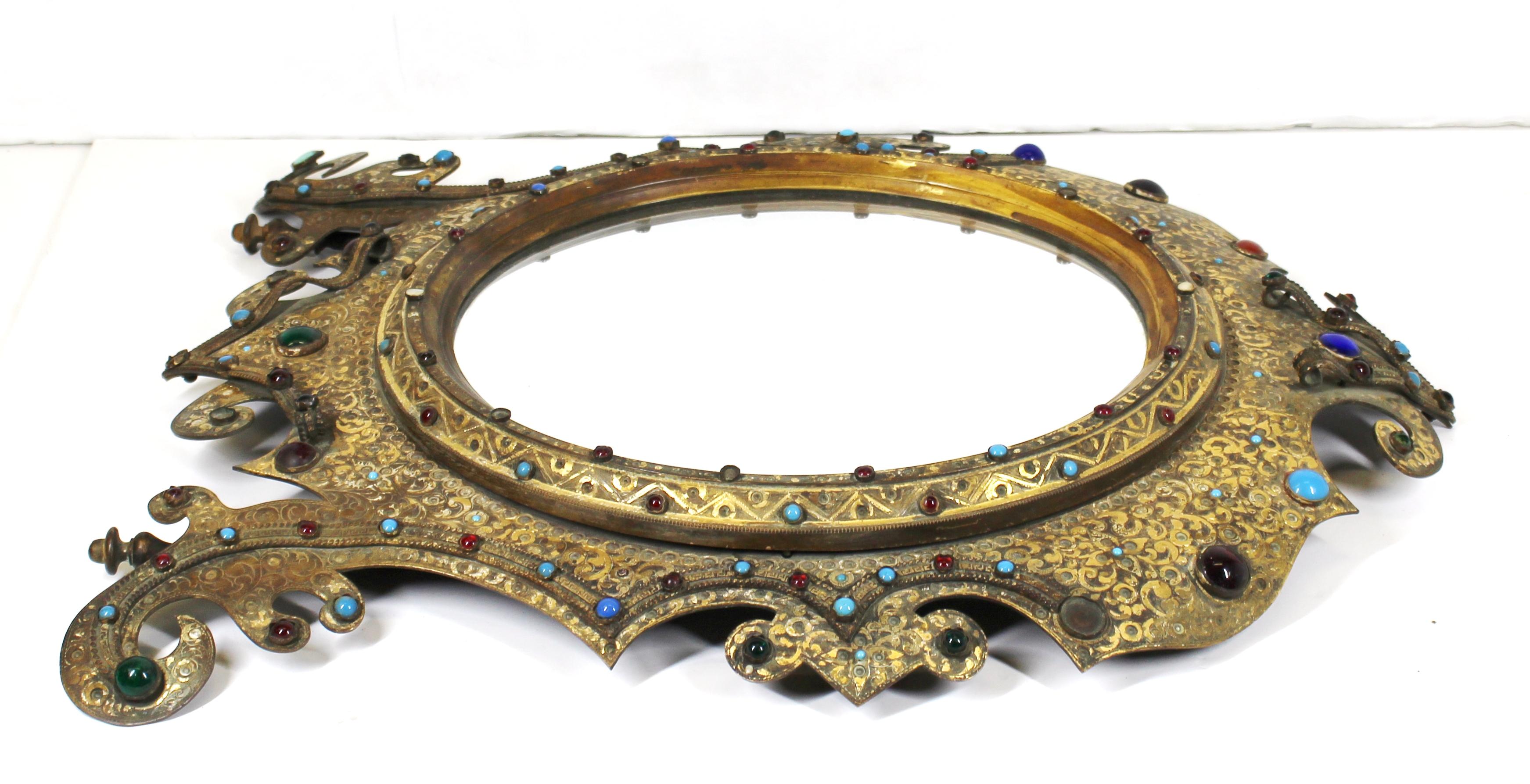Austrian Moorish Revival Gilded Bronze Enameled and Bejeweled Oval Table Mirror 7