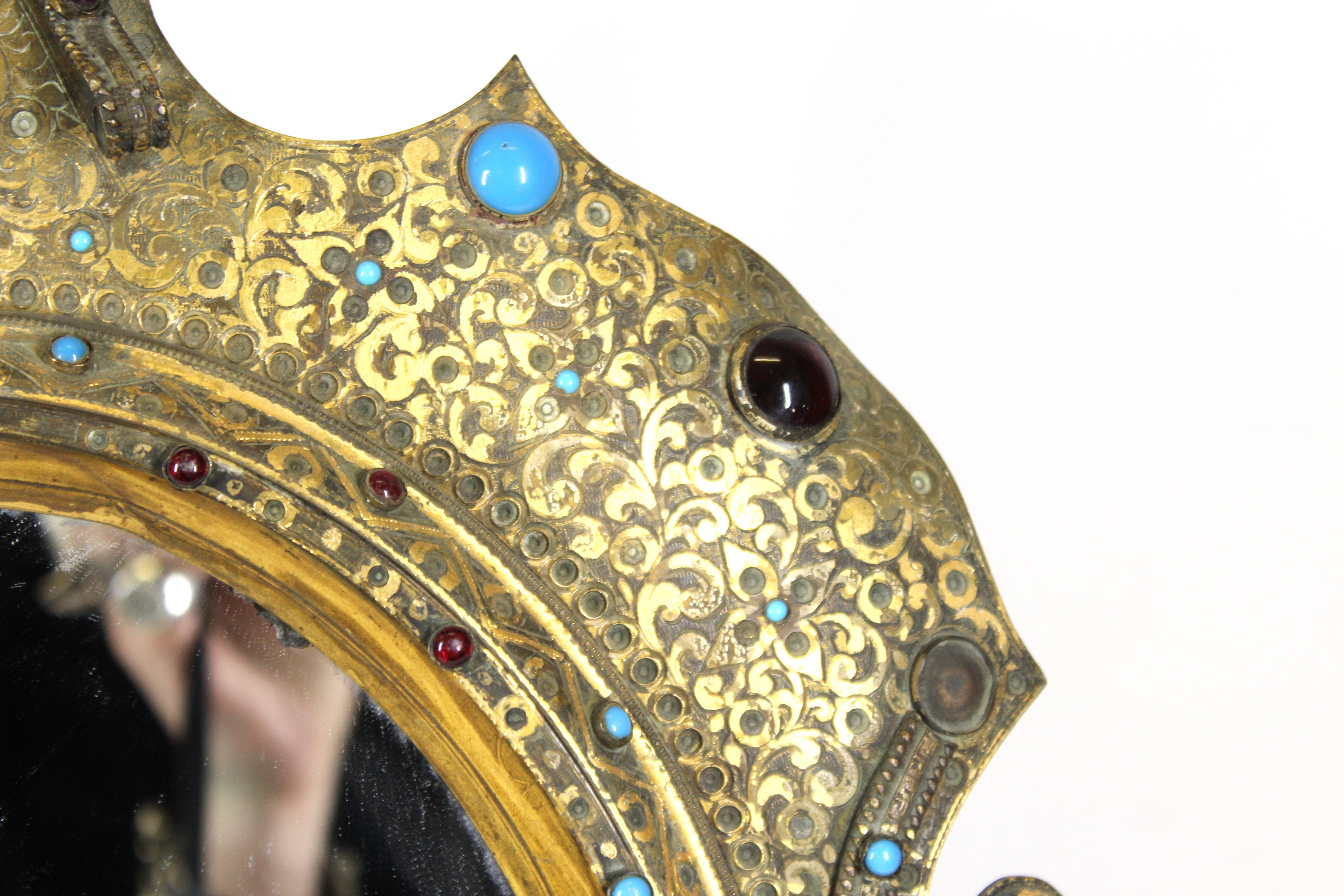 Austrian Moorish Revival Gilded Bronze Enameled and Bejeweled Oval Table Mirror In Good Condition In Astoria, NY