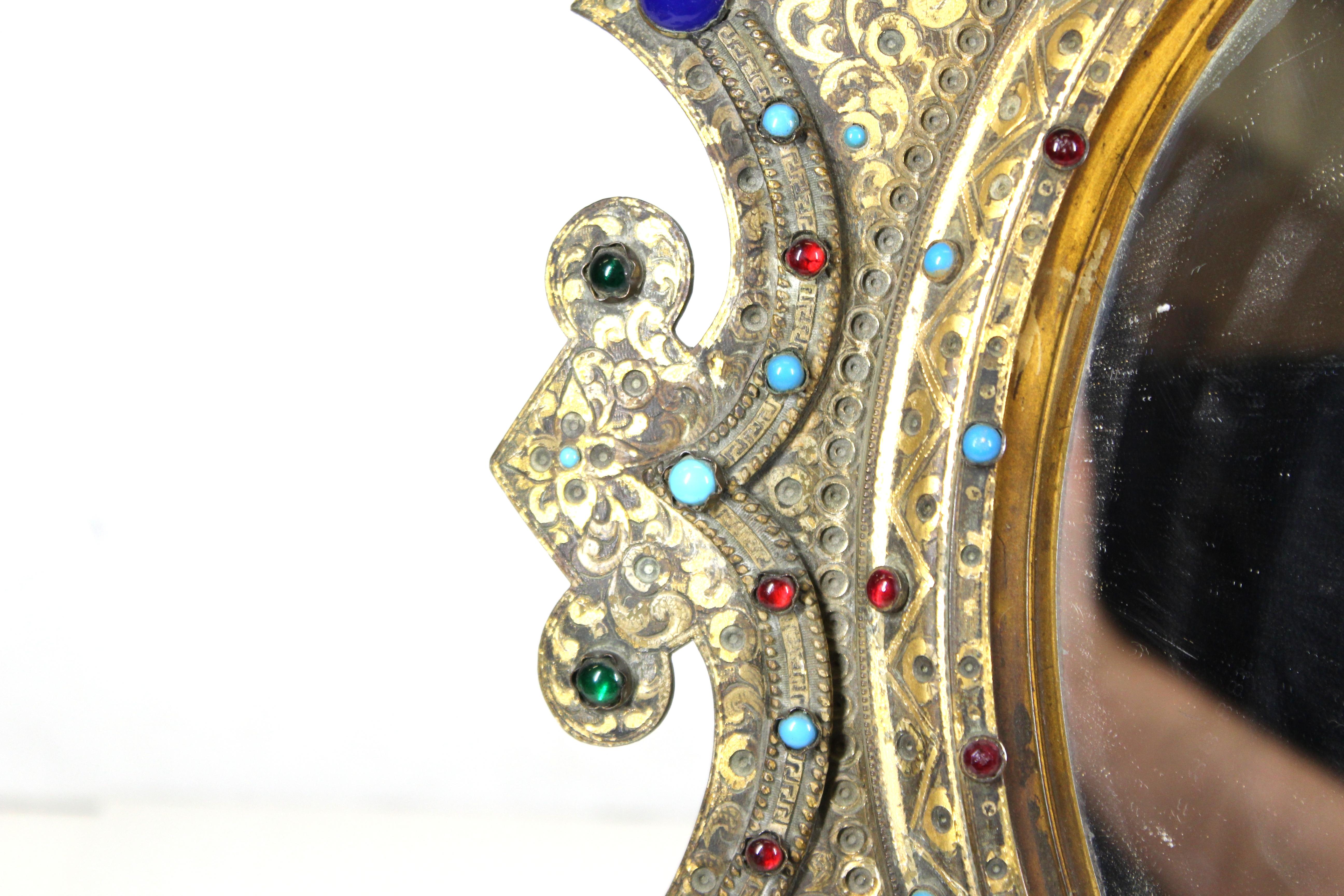 Austrian Moorish Revival Gilded Bronze Enameled and Bejeweled Oval Table Mirror 2