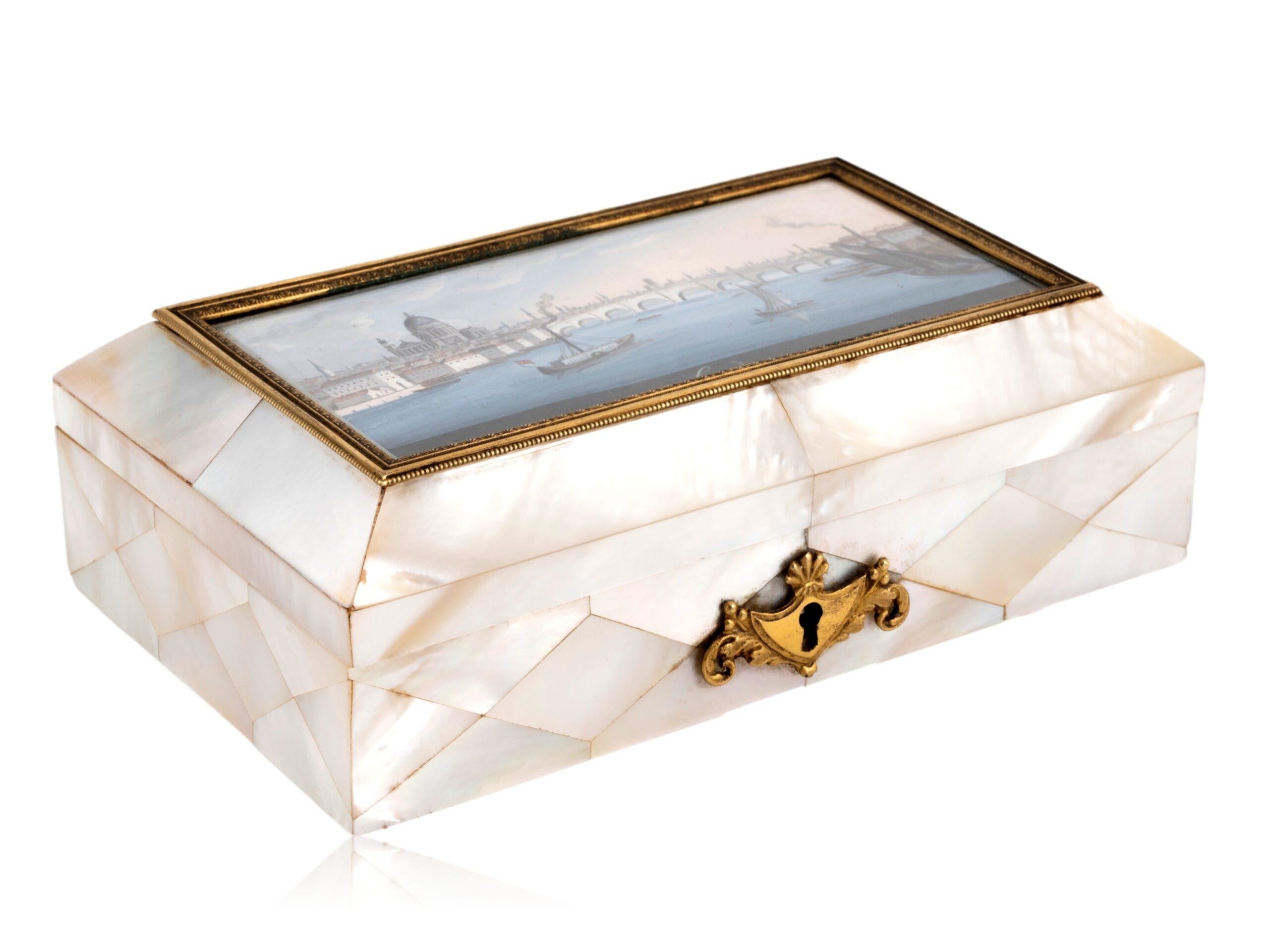 Fully Fitted Sewing Box

From our Sewing Box collection, we are delighted to introduce to the market this exceptional Mother of Pearl Sewing Box with painted panel by Balthasar Wigand. The Sewing Box of slimline rectangular form with a raised lid