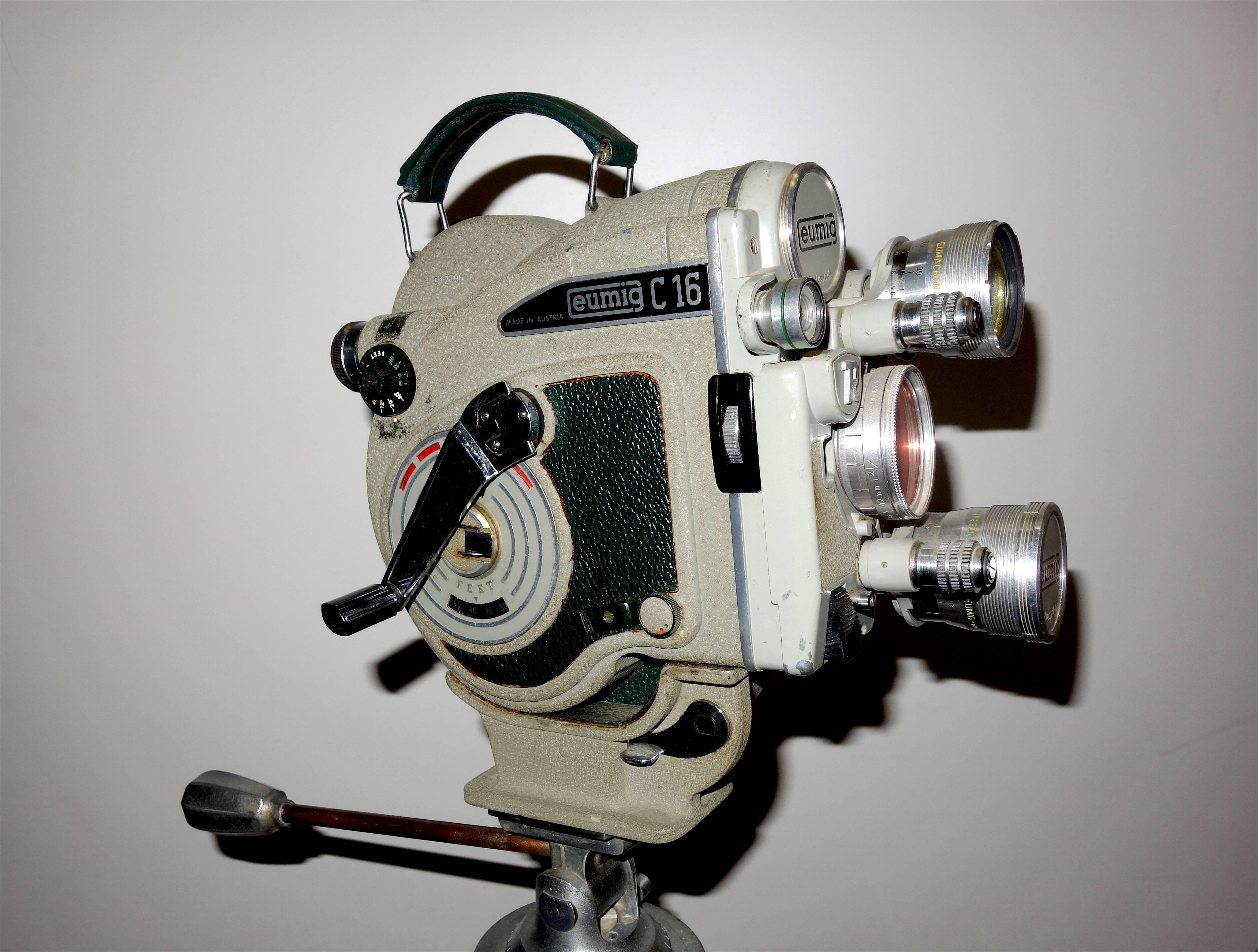 20th Century Austrian Motion Picture Camera circa 1956 on Wood Tripod Vintage Perfect Display For Sale