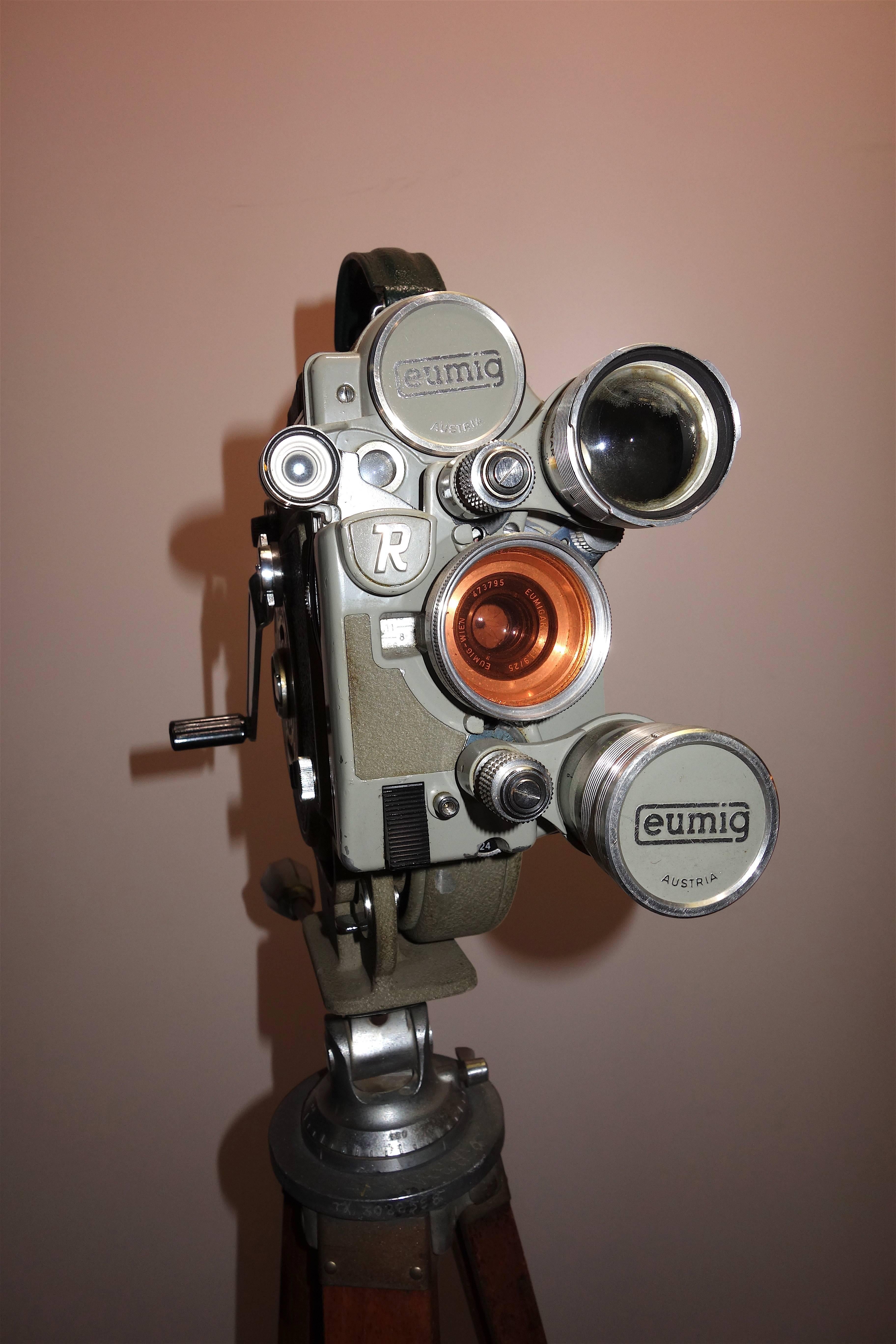Metal Austrian Motion Picture Camera circa 1956 on Wood Tripod Vintage Perfect Display For Sale