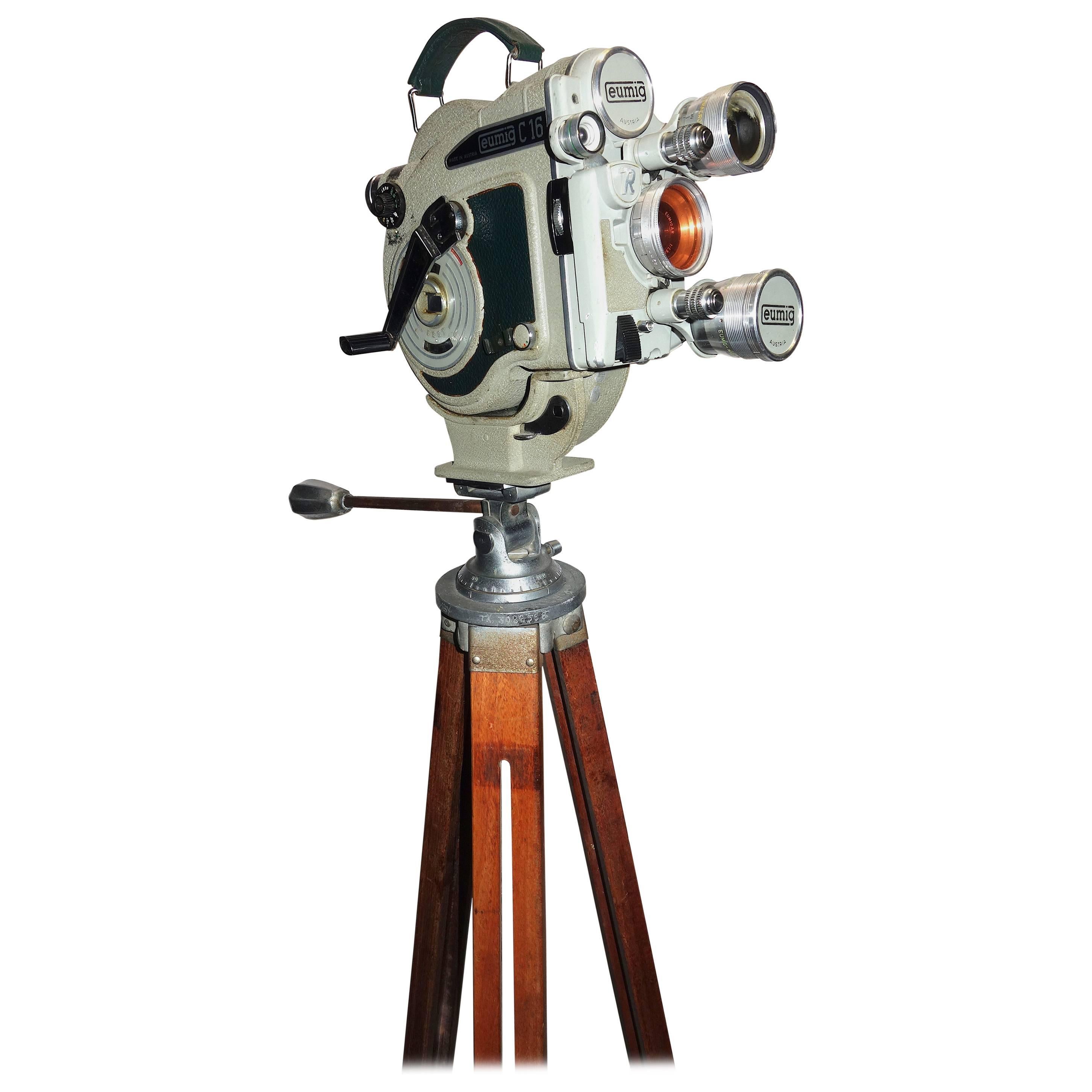 Austrian Motion Picture Camera circa 1956 on Wood Tripod Vintage Perfect Display For Sale