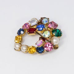 Austrian Multi Color Glass Crystal Cluster and Faux Pearl Pin Brooch in Gold