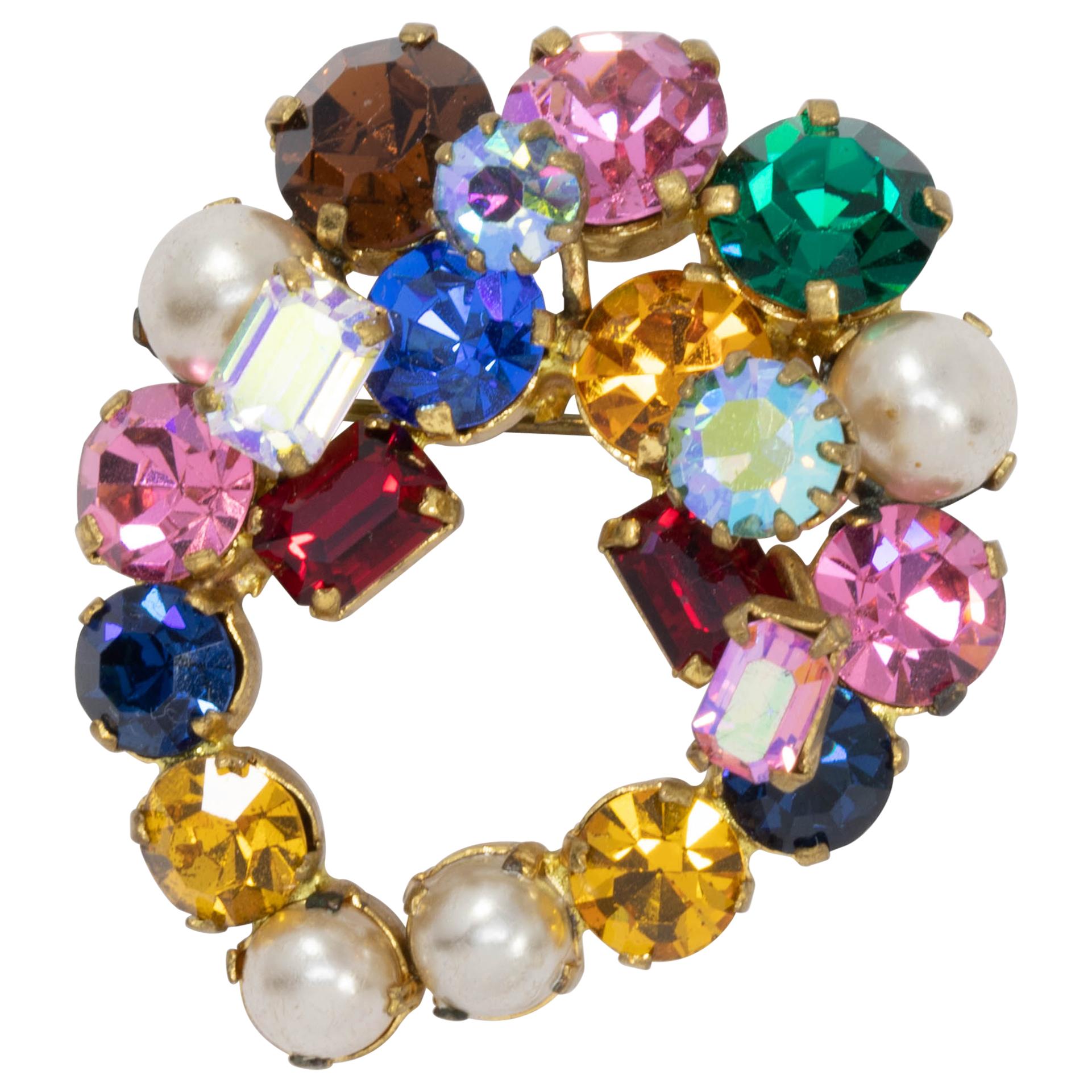 Austrian Multi Color Glass Crystal Cluster and Faux Pearl Pin Brooch in Gold For Sale